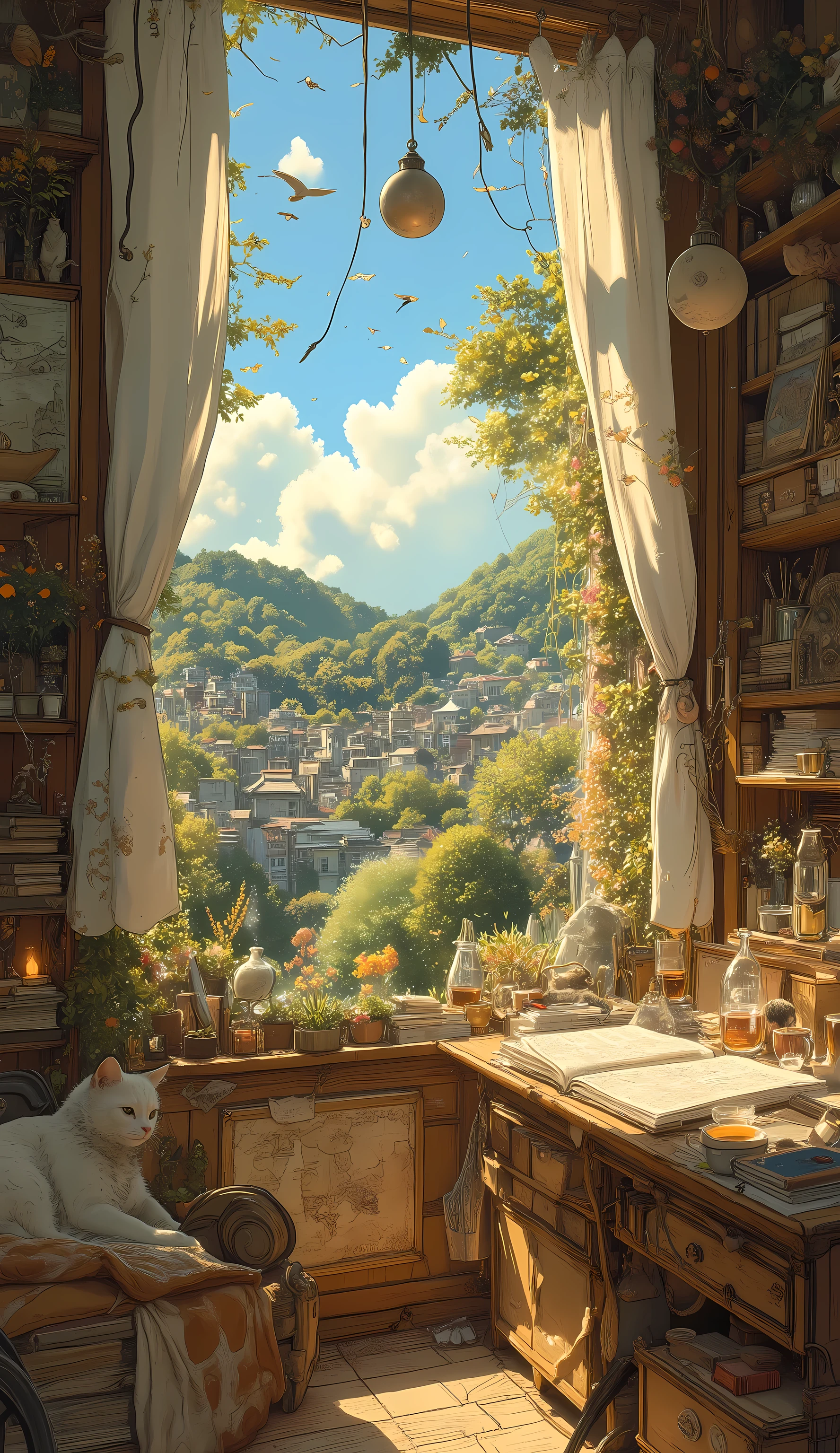 Studio Ghibli-inspired illustration, (soft painterly textures:1.2), (dreamy and warm color palette:1.3), hand-drawn fantasy city, cozy atmosphere, intricate rooftops, cobblestone streets, whimsical architecture, lush greenery, magical realism, soft golden lighting, gentle cinematic glow, (LoRA:ghibliStyle-v1.0:1.3) A warm and inviting Studio Ghibli-inspired cozy room, bathed in the golden glow of the late afternoon sun. Sunlight filters through a large open window, casting soft rays on the wooden floor and illuminating floating dust particles. The window, framed with flowing white curtains, reveals a lush green landscape outside, with rolling hills, blooming flowers, and a gentle breeze swaying the treetops.

Inside, the room is filled with charming details—a wooden bookshelf overflowing with well-loved books, tiny potted plants, and delicate trinkets. A small wooden desk sits by the window, covered with an open sketchbook, a steaming cup of tea, and a softly flickering candle. A cozy knitted blanket is draped over a cushioned reading chair, adding to the room’s warmth.

On the walls, hand-drawn maps and whimsical paintings are pinned, hinting at the dreams and adventures of the room’s owner. A lazy cat naps on the windowsill, its tail flicking occasionally, while the soft chirping of birds drifts in from outside