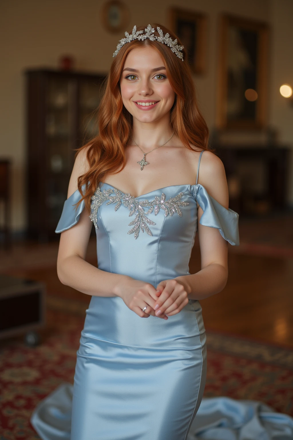 a beautiful red-haired woman. she is 25 years old. Her face is delicate, has freckles, Her lips are thick, and her eyes are blue. Her hair is natural red, red hair, very big hair, very long hair,very thin waist, very wide hips, very big hair, very long hair,She is smiling and playing the piano in a beautiful dark blue dress, with elbow-length sleeves, with elbow-length sleeves, Artwork: 1.3, raw photography, superior image quality: 1.4, Super realistic detail, realistic, high resolution, award-winning, high definition, artwork, Photorealistic, Fujicolor, 35mm, accurate, 8K, high quality, best quality, textured skin, masterpiece, highres, award winning, in sassi_di_matera