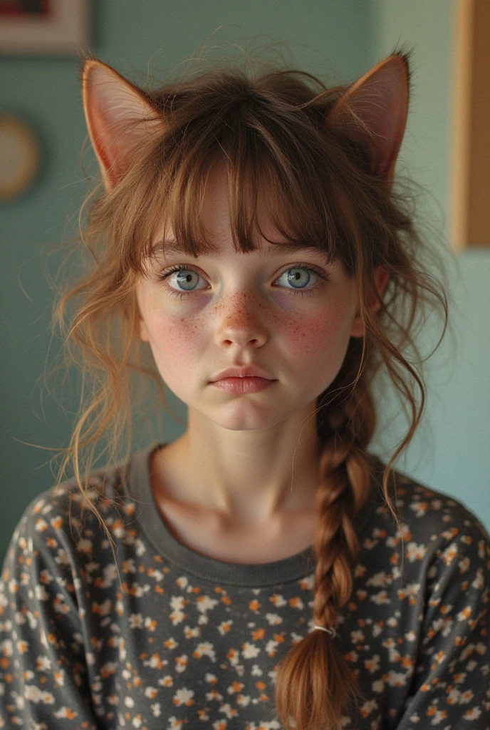 A worried looking ginger 18 year old girl kneeling on a large litter box fillwd with white gravel dressed as a cat looking up at the viewer.  Shot from above.  Cleavage 
