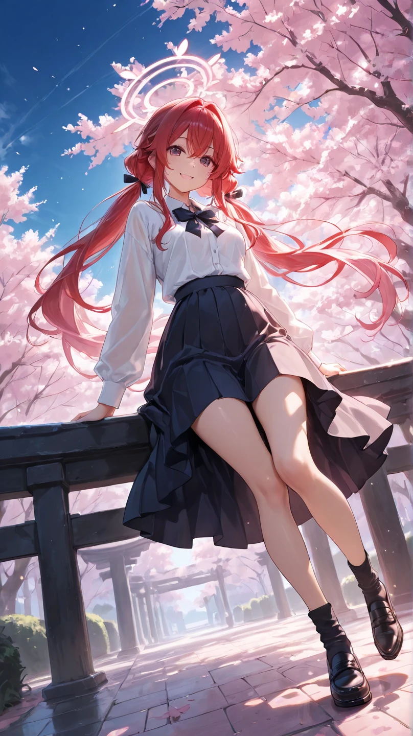 itsukinakano, Itsuki Nakano, bangs, blue eyes, hair between eyes, Ahoge, redhead, star \(symbol\), smile,blush,happy atmosphere,hair ornaments, star hair ornaments,white sweater,red long coat,black long skirt,black pantyhose,short boots,anime girl with bag of food and bread,cherry blossoms are blooming,Cherry blossoms are scattered,night,moonlight,walking,
break outdoors, Destroying the cherry tree-lined road (masterpiece:1.2), highest quality, High resolution, unity 8k wallpaper, (figure:0.8), (detailed and beautiful eyes:1.6), highly detailed face, perfect lighting, Very detailed CG, (perfect hands, perfect anatomy),