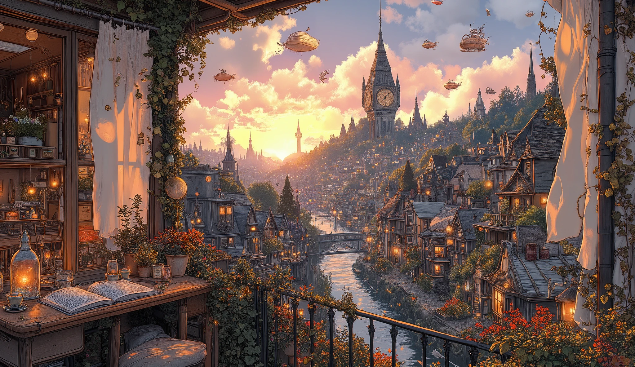 Studio Ghibli-inspired illustration, (soft painterly textures:1.2), (dreamy and warm color palette:1.3), hand-drawn fantasy city, cozy atmosphere, intricate rooftops, cobblestone streets, whimsical architecture, lush greenery, magical realism, soft golden lighting, gentle cinematic glow, (LoRA:ghibliStyle-v1.0:1.3) A charming Studio Ghibli-inspired balcony bathed in the soft golden light of sunset, overlooking a picturesque fantasy city. The balcony is adorned with vibrant potted flowers, ivy-covered railings, and a wooden table set with a steaming cup of tea and an open book. A gentle breeze causes sheer white curtains to sway as the fading sunlight casts long shadows on the rustic wooden floor.
Beyond the balcony, the city unfolds in a breathtaking panorama, with whimsical rooftops, winding stone streets, and glowing lanterns beginning to flicker on. A magnificent clock tower stands tall in the distance, its ornate hands moving slowly as tiny airships drift across the sky, their sails catching the last golden rays.
The sky is a dreamy blend of soft pink, lavender, and deep blue, with birds soaring in the distance and fluffy clouds tinged with orange and purple hues. Below, a tranquil river winds through the town, reflecting the shimmering lights of cozy cafés and bustling market stalls.
The entire scene radiates warmth, nostalgia, and the hand-painted beauty of a Ghibli world, capturing the magic of a quiet evening in a fantastical town, where adventure and peace exist in perfect harmony. A perfect desktop wallpaper for dreamers and lovers of enchanting cityscapes.