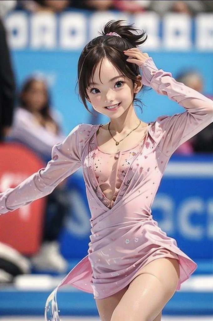 (smile))、Confused、RAW Photos、(((The ultimate portrait masterpiece)))、((The cutest girl in the world:1.4))、1 girl、12 years old、Japanese、Cute face、((Silky Hair))、(A high ponytail tied with a ribbon:1.4)、((Super huge breasts:0.3))、((Eyes that shine like jewels))、Glowing Skin、(young woman),Thin ribbon、(Uniforms made from high-quality fabrics:1.4)、Ultra-detailed uniforms、(She shyly pulls up her skirt:1.3),((Crotch from the front))、A skirt fluttering in the wind、eyeliner、Beautiful Bangs、Hair between the eyes、((solve、High resolution))、Detailed Background、8 KUHD、Digital SLR、Soft Light、high solve、Film Grain、Fujifilm XT3、Shallow depth of field、自然なSoft Light、Narrow waist,(Beautiful girl with sparkling eyes:1.4),(A big bust that seems to burst:-0.5),(You can see the shaved pan:1.59),(Very beautiful shaved pussy:1.5),(The idol-like cuteness of high school girls:1),(Professional figure skater female:1.3),,(A very old and worn out pussy:-0.7),(During the ice show),(Crouching on the ice)