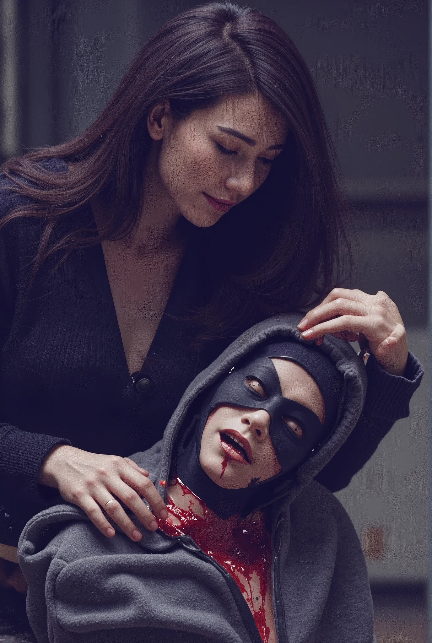 Realistic, A Very beautiful woman, woman very thick hair, boy hoodie, woman kill boy, woman very big breast, woman cuts boy neck, boy neck is flowing with blood, woman knife, boy dead, boy full face mask, woman swat, woman swat equipment