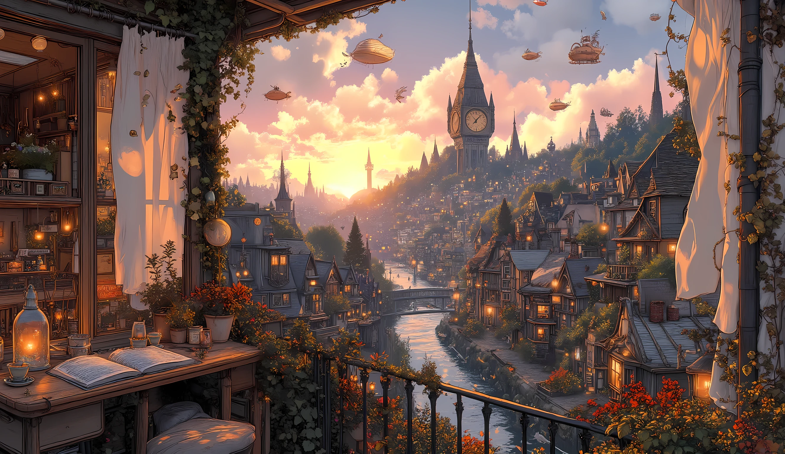 Studio Ghibli-inspired illustration, (soft painterly textures:1.2), (dreamy and warm color palette:1.3), hand-drawn fantasy city, cozy atmosphere, intricate rooftops, cobblestone streets, whimsical architecture, lush greenery, magical realism, soft golden lighting, gentle cinematic glow, (LoRA:ghibliStyle-v1.0:1.3) A charming Studio Ghibli-inspired balcony bathed in the soft golden light of sunset, overlooking a picturesque fantasy city. The balcony is adorned with vibrant potted flowers, ivy-covered railings, and a wooden table set with a steaming cup of tea and an open book. A gentle breeze causes sheer white curtains to sway as the fading sunlight casts long shadows on the rustic wooden floor.
Beyond the balcony, the city unfolds in a breathtaking panorama, with whimsical rooftops, winding stone streets, and glowing lanterns beginning to flicker on. A magnificent clock tower stands tall in the distance, its ornate hands moving slowly as tiny airships drift across the sky, their sails catching the last golden rays.
The sky is a dreamy blend of soft pink, lavender, and deep blue, with birds soaring in the distance and fluffy clouds tinged with orange and purple hues. Below, a tranquil river winds through the town, reflecting the shimmering lights of cozy cafés and bustling market stalls.
The entire scene radiates warmth, nostalgia, and the hand-painted beauty of a Ghibli world, capturing the magic of a quiet evening in a fantastical town, where adventure and peace exist in perfect harmony. A perfect desktop wallpaper for dreamers and lovers of enchanting cityscapes.