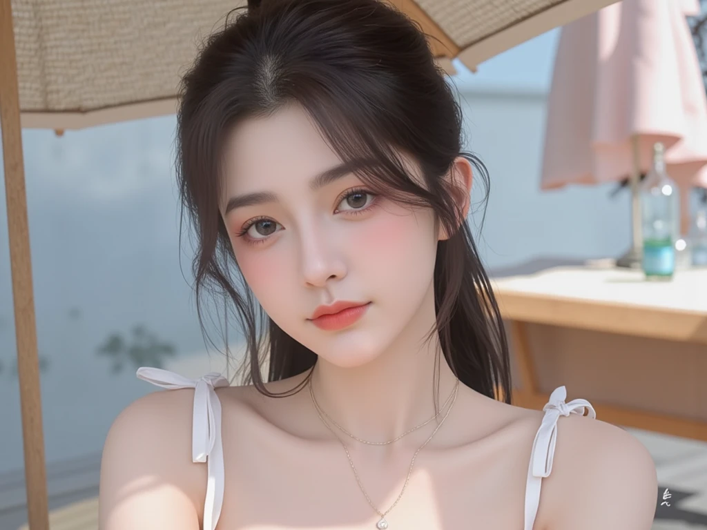 top-quality、masterpiece、超A high resolution、(realisitic:1.4)、(True skin texture:1.3)、(film grains:1.3)、the panorama、portlate、Very wide lens、a closeup、Tindall Effect、Perfect beautiful adult woman、Beautiful detail eyes and skin、ssmile、Berry Short Hair、Small necklace、sleeveless shirts、Strong sunshine、Summer sea and sky、Spaghetti on the table、