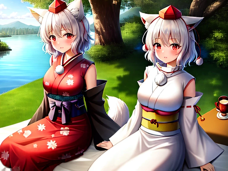 (masterpiece), best quality, expressive eyes, perfect face, luxury japanese style mountain temple background, 2girls, white and blue japanese dress, cleavage, massive large breasts, animal ears, fox ears, sensual, late evening, full body, relaxing, flowers, open air tea ceremony