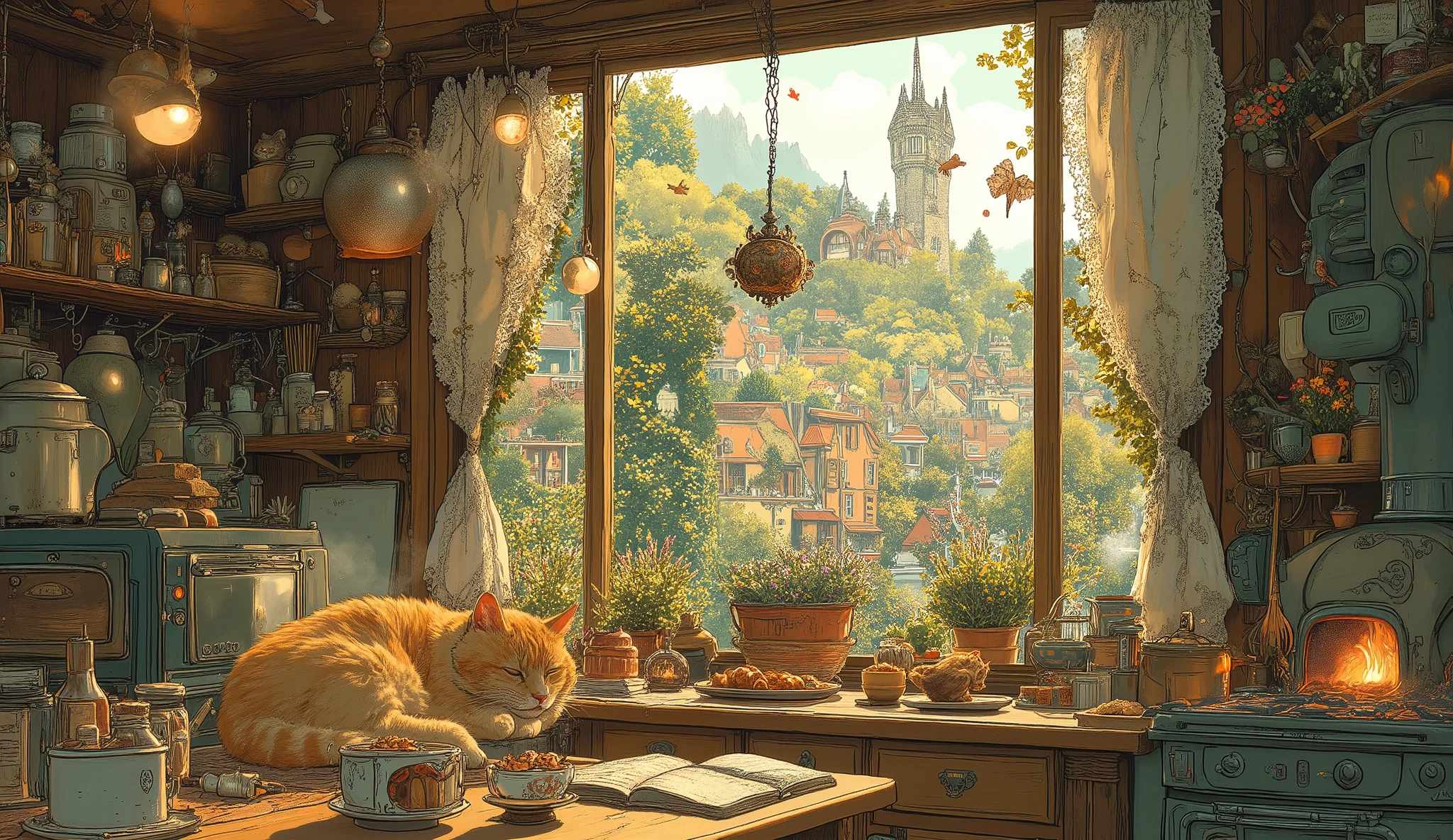 Studio Ghibli-inspired illustration, (soft painterly textures:1.2), (dreamy and warm color palette:1.3), hand-drawn fantasy city, cozy atmosphere, intricate rooftops, cobblestone streets, whimsical architecture, lush greenery, magical realism, soft golden lighting, gentle cinematic glow, (LoRA:ghibliStyle-v1.0:1.3) A cozy Studio Ghibli-inspired kitchen, bathed in the soft glow of the morning sun filtering through a large, open window. Outside, lush greenery, blooming flowers, and birds fluttering between branches create a peaceful countryside view. The warm wooden interior is filled with charming details—hanging copper pots, a vintage stove with a steaming kettle, and shelves lined with colorful spices, herbs, and neatly arranged jars.
A plump orange cat naps on a sunlit windowsill, its tail flicking lazily, while a bubbling pot on the stove fills the room with a rich aroma. Freshly baked bread and fruit pies rest on a rustic wooden table, alongside a handwritten recipe book and a teacup still steaming. A soft breeze rustles the lace curtains, carrying the scent of lavender and fresh herbs from a nearby potted garden.
Small magical details hint at an enchanted touch—a tiny enchanted broom leans against the wall, occasionally twitching, and a glowing fire spirit crackles happily in the old-fashioned brick oven. The entire scene is painted in warm, soft colors, with rich textures and a nostalgic, hand-drawn feel, evoking the heartwarming charm of a Ghibli fantasy kitchen full of love, comfort, and quiet magic.
A perfect desktop wallpaper for those who long for a peaceful, storybook-like space filled with warmth and wonder