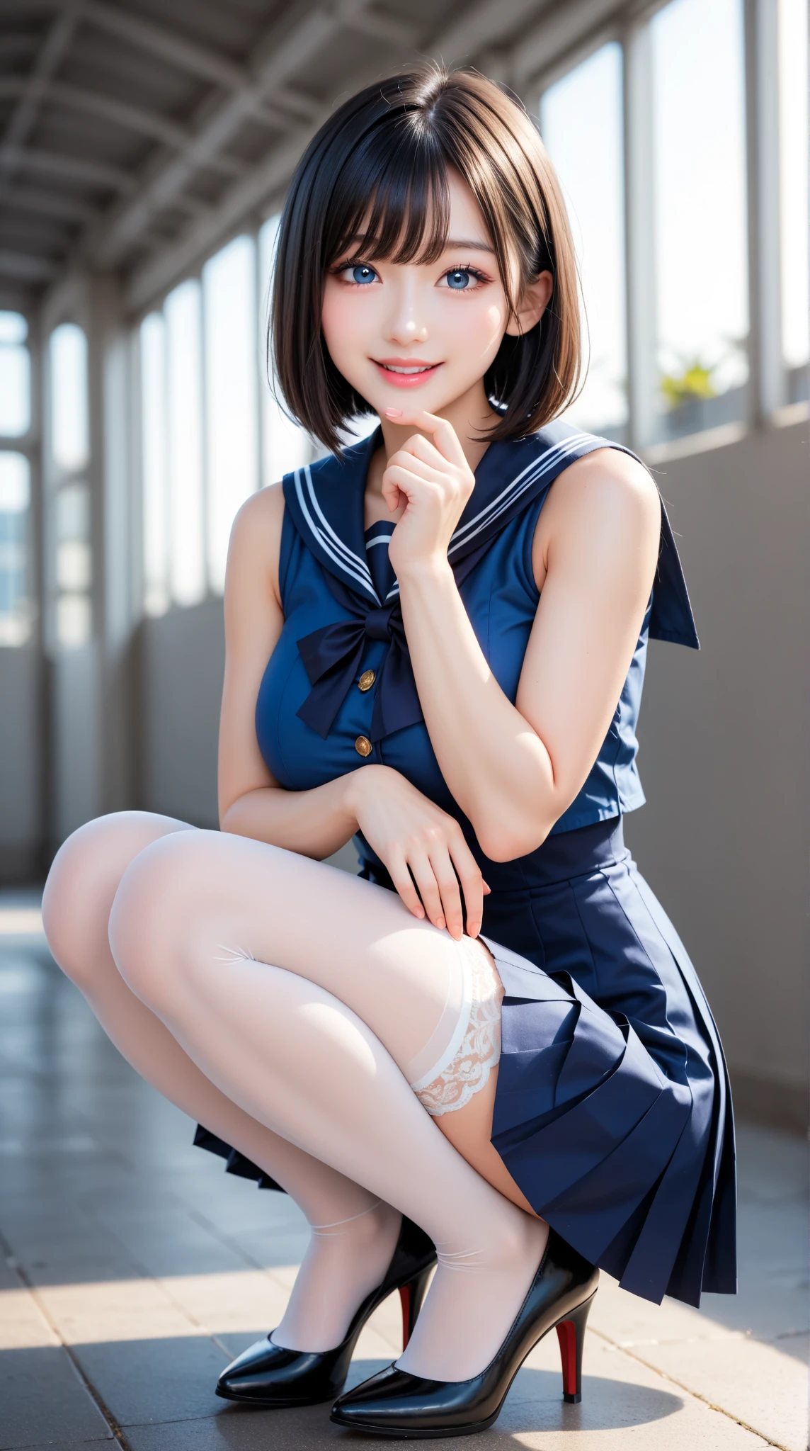 1 girl、masterpiece、beautiful lighting、Detailed beautiful face、Detailed beautiful eyes、hight resolution、Ultra-fine illustration、extremely delicate and beautiful、top-quality、The whole body is shown、Feet first、(A MILF:1.2), ((Squatting:1.5)),Open knees、solo, 30s,de pele branca, (shoulder length straight black bob hair,Red Eyes),, Curvaceous, (shinny hair, shinny eyes, shinny skin), Laugh, a smile, (glistning skin:1.2), 、thighs thighs thighs thighs、((crouching down、Open legs))、front facing、((Sailor Clothing)),Pichi Pichi clothes、ratex、Short skirt、校服、The navel is visible、pelvis curtain、Armpits、a smile、black thighhighs、Watch your audience、under the boobs、blushed、perspiring、Jeweled、thick thight、Parting lips、pantyhose、Blushing cheeks、tiptoes、lowfers