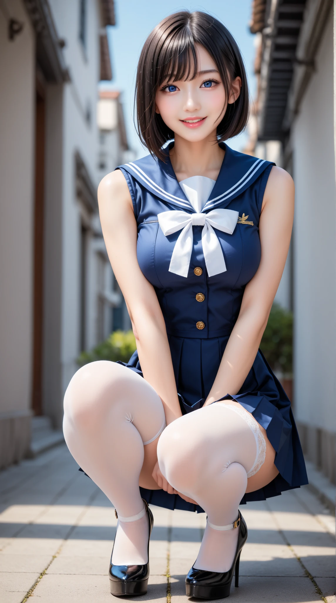 (white leotard:1.3), (magical girl costume:1.2), (blue Sailor collar:1.3), (red ribbon:1.4), (blue pleated skirt:1.3), (micro-skirt:1.3), (no_sleeve:1.2), (long_glove:1.2), (white thighhighs:1.2),(long_boots:1.2), Best Quality:1.5, 8K, masutepiece:1.3, Crisp focus:1.2, Big breasts:1.2, Beautiful woman with perfect figure:1.4, Slender Abs:1.2, Sweaty body:1.5, Highly detailed face and skin texture, Perfect face balance, Smile, beautiful studio soft light, Rim Light, vibrant detail, Hyper realistic, Octane Render, Photo realistic, in a beautiful park