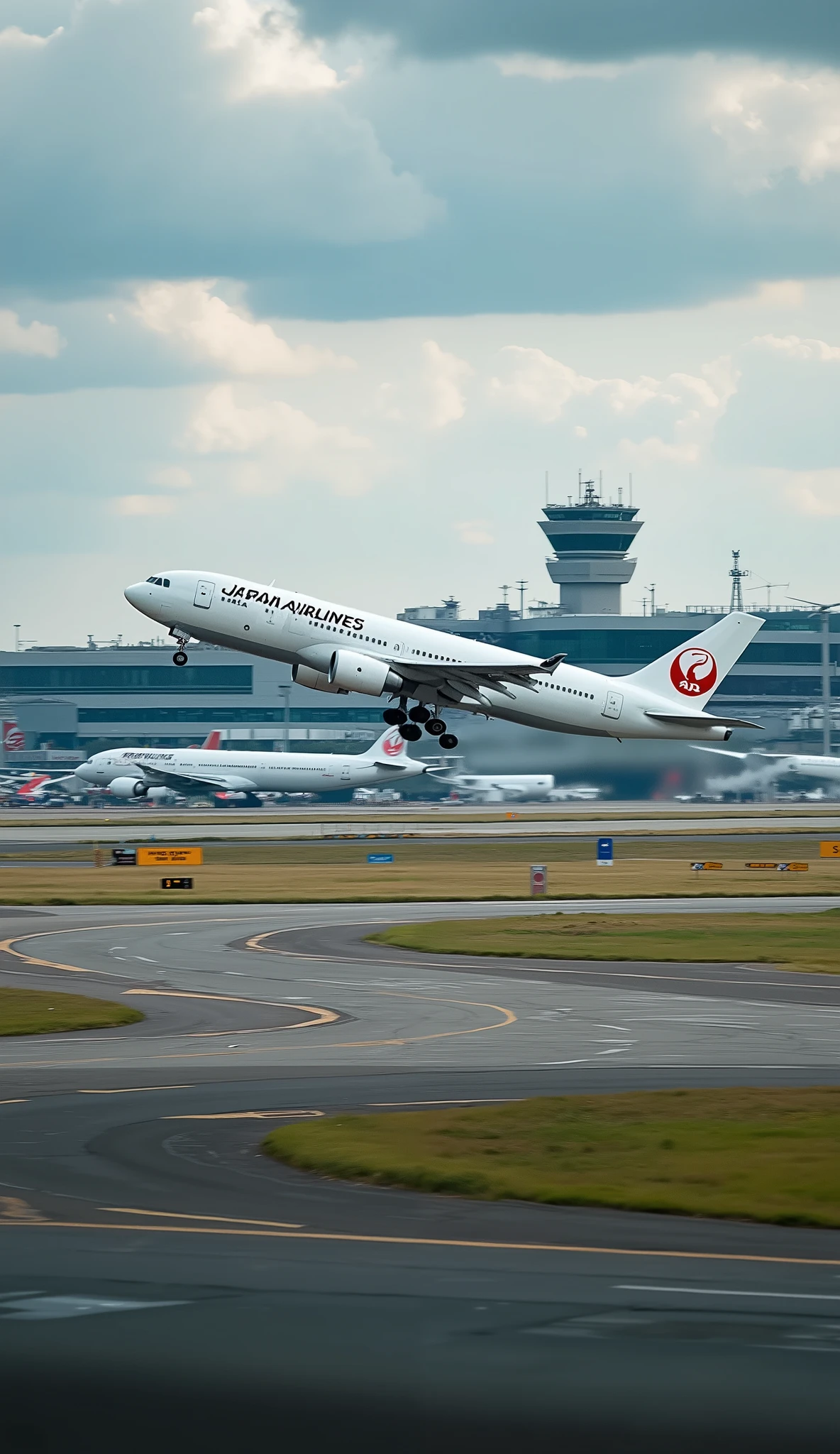  in high-definition images、 England、Heathrow Airport、'Japan Airlines plane takes off from the runway）、 highdefinition images、 colorful images、 ( VECG Unity 8k wallpaper)、Asahi、Wide image 、 Color Difference、Inclusive 、high image quality during sick leave、Trees々Blooming Flowers々、huge airport with very detailed、Building Background。London skyline below your eyes。