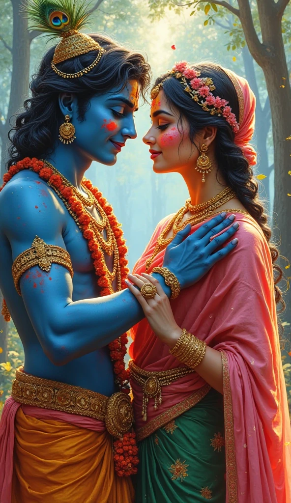 (photorealism:1.2), very handsome male- Lord krishna wearing white costume, jewellery,crown with peacock feather, curly black hair, blue skin tone, closed eyes and a very beautiful goddess wearing red embroidered saree and sleeveless blouse, jewellery, crown on head,indian makeup,very beautiful, photo shoot together, standing and walking hand in hand, (((hand in hand))) behind is dense bushes with lots of micro sized yellow flowers, some white tiny flowers, ((( dense bush))), ((gothic)) white moon in sky, professional photo shoot,aesthetic, not intimate,very aesthetic hindu deities,lord krishna and maa radha by Greg Rutkowski, by Alphonse Mucha, ((very close up)), anime mix with photorealistic, add a touch of oil painting