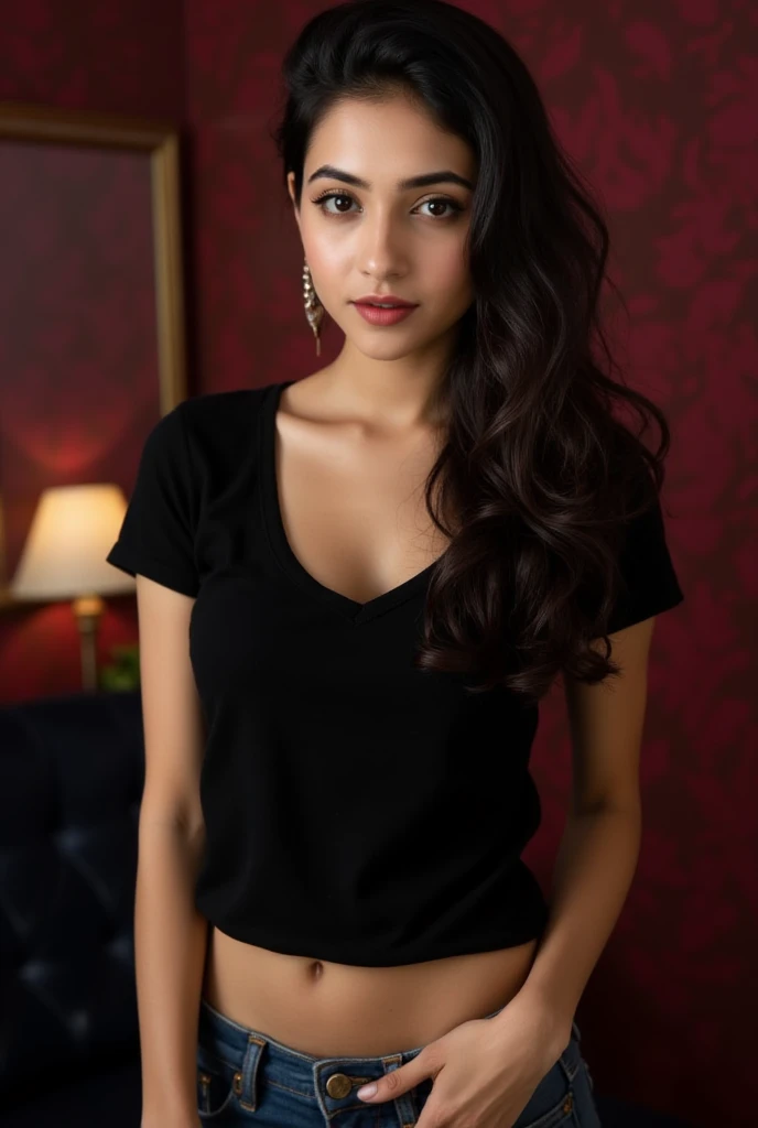 Young beautiful sweet Bogor city girl, 17 years old, her name is Kayla, mixed descent from sundanese and Javanese, slim little body, medium size teenage breasts, beautiful preacock type eyelids eyes, dense long curly eyelashes, dark big mole under her eyes, cute nubian hawk type little nose, dark brownish thin sensual lips, nate medium long black wavy hairs, very narrow forehead, very sweet georgeus oval face, sensual brownish skins, smart and quite type girl, wearing pink night dress, she is lying down and spreading wide her legs on sofa at front of her home, very detail, ver realistic, very natural, sweat all her skins and hairs, sweats flowing down on her face, this picture taken using DSLR Canon camera,