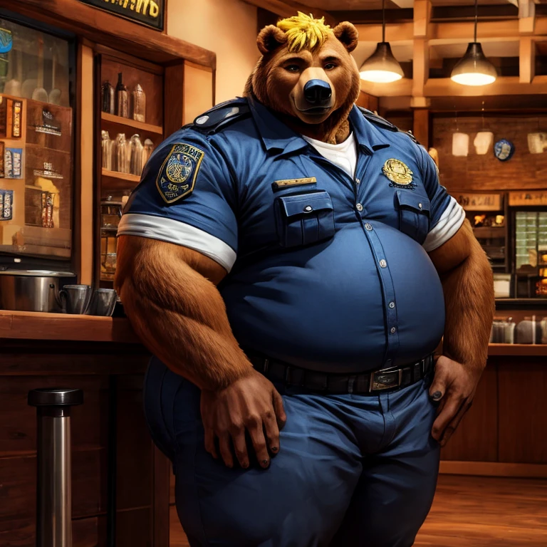 ((Masterpiece)),((Hight quality)),((Hught Detailed)),((Realistic,)) Anime Artistic masterpiece art, Concept anime art, Dungeons and Dragons art, dungeons and dragons mmorpg, different comic vignettes, Obese sumo Bears in thong, He is a scientist who creates a weight gain potion for bears police officers, In a scene where you can see that the scientist gives drink to some bears police officers, making their bodies grow and gain a lot of weight, creating big and strong officers to fight crime, they are in the lockers at the police station