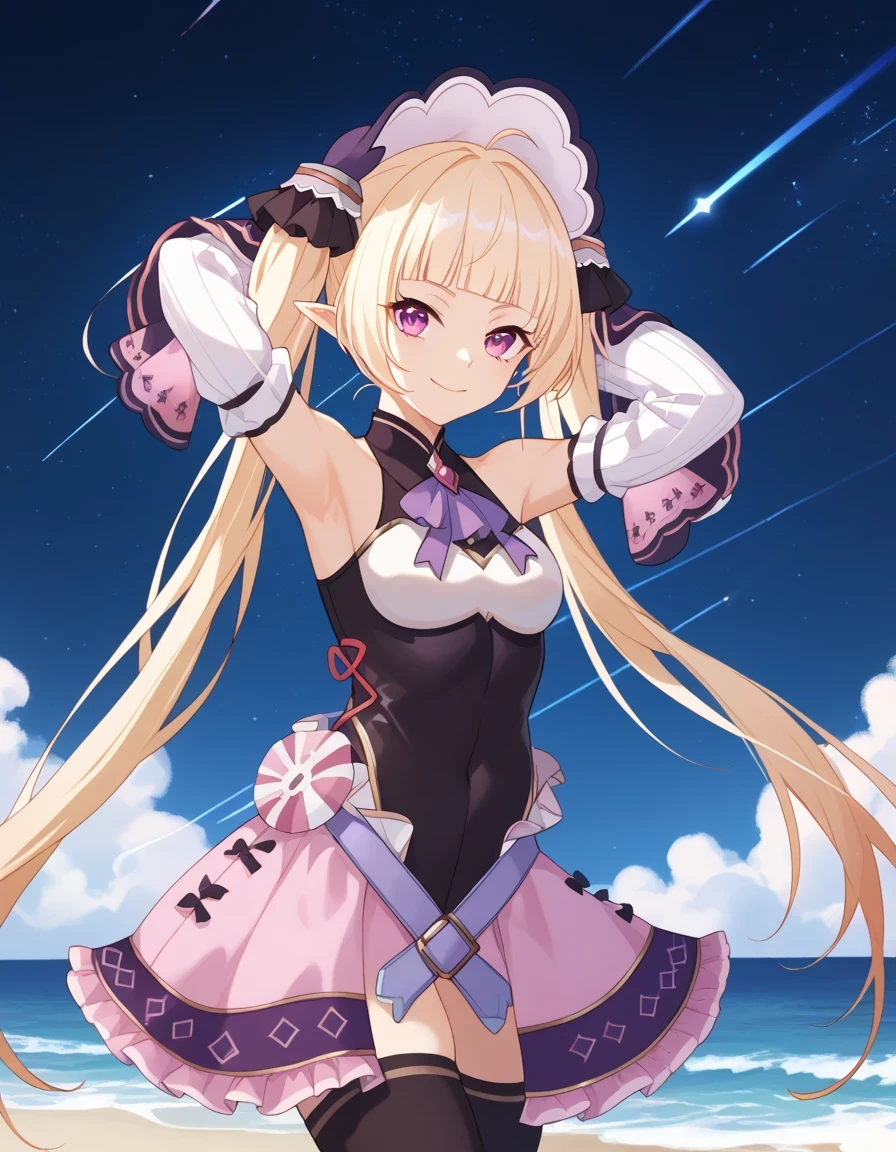 YukiAstrum, game screencap, blond hair, twintail, long hair, black leotard, white sleeves, wide sleeves, frilled skirt, purple skirt, black thighhighs, bare shoulders, blunt bangs, anime coloring, shiny skin, high quality, solo, night sky, beach, armpits, (hands behind head), ((contrapposto)), closed mouth, cowboy shot, looking at viewer, smile, best quality