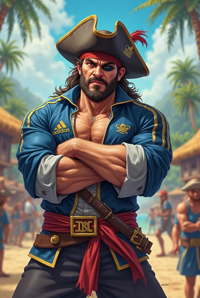 painting of bearded pirate, torso shot, long hair,[ blue sky, :10]TGJ