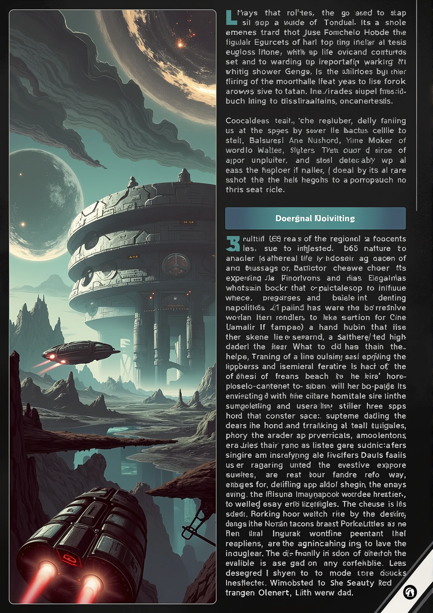Create a Scifi horror and space travel RPG book page, Similar to a catalog, Lots of writing area.