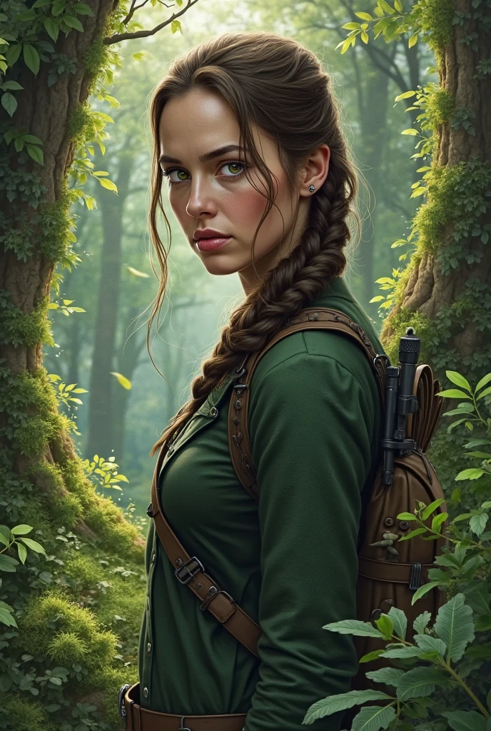 cowboy shot, portrait of a woman standing in a forest, hair growing from her sleeves, beautiful brown eyes, tan skin, updo, ligne claire illustration, science fiction, post-apocalyptic