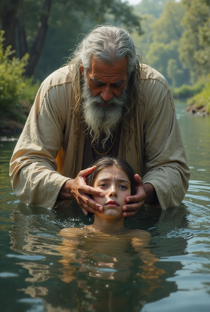 A photorealistic image of a wise old man sitting on a stone near the bank of a river. The old man sees a floating human dead body, passing in the river. Human dead body floating belly down, head underwater. A human body floating face down in a river. Half-submerged lens reveals his ultra-slim deformed by water figure in a grey loose dress. Masterpiece, best quality, 8K, photo realistic, wallpaper, wallpaper 8k, photographic contest winner, Hyperrealistic art cinematic film still photography in the style of detailed hyperrealism photoshoot. [Entire scene is surrounded by lights, evoking a magical and eerie atmosphere. The lighting is bright and atmospheric, with smoke adding a touch of sinister ambiance. Best quality image, HDR enhancement, showcasing the utmost level of detail and realism]. [8K, Best Quality, Ultra High Resolution, (highly detailed CG unity 8k wallpaper), (best photo), (best shadows), isometric 3D, octane rendering, ray tracing, highly detailed, (Best quality, 4K, 8k:1.2), absurdity, ultra detailed, (realistic, photorealistic, photorealistic:1.37), complex parts, HDR, (complex parts:1.12), (hyper detailed, hyper realistic, Soft lighting, spicy:1.2), (complex parts, Hyper detailed:1.15). Blurred foreground. (backlit), masterpiece, high quality, brightness, chromatic aberration, foggy smoke, shadows, contrast, clear sky, (warm hue, warm tone), high details, natural reflections].