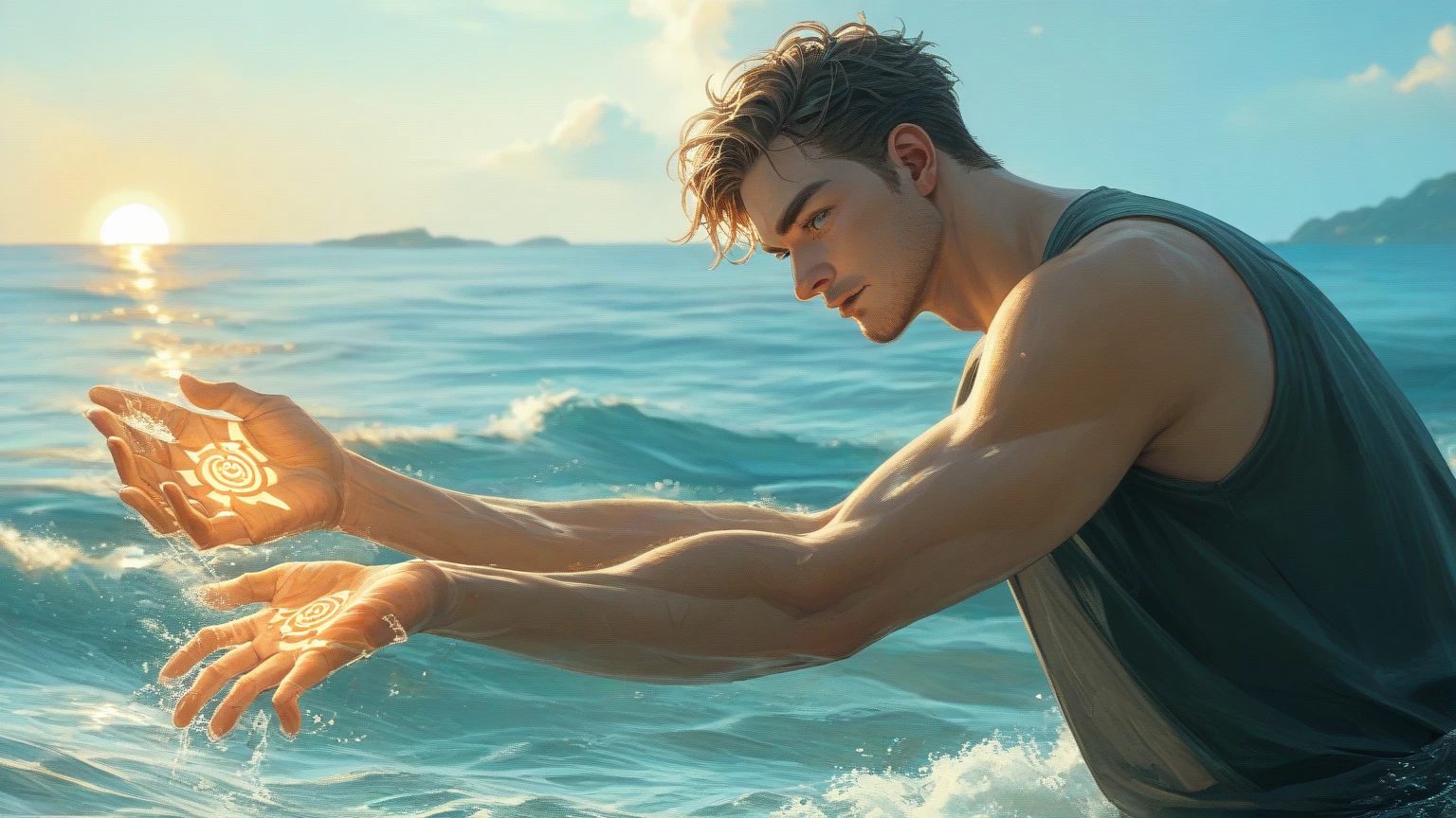 Young ager white boy in LAYING DOWN position lying down lying down on the beach sunbathing lying down smiling with arms raised up, Arms raised up, arms up, wearing a sleeveless shirt, with tank top