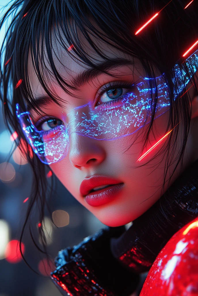 Extreme close-up of a female cybernetic warrior's face, (glowing visor with hundreds of thin neon tubes built in: 1.8), partially obscured by fast stripes of red and green digital text. The red lines of the digital text are sharp and bright, running across the scene and giving the image a cyberpunk futuristic feel. (neon city),(techno-grid),(reinforced implants),(glowing visor),(neon city),(techno-grid),(reinforced implants),(glowing visor)