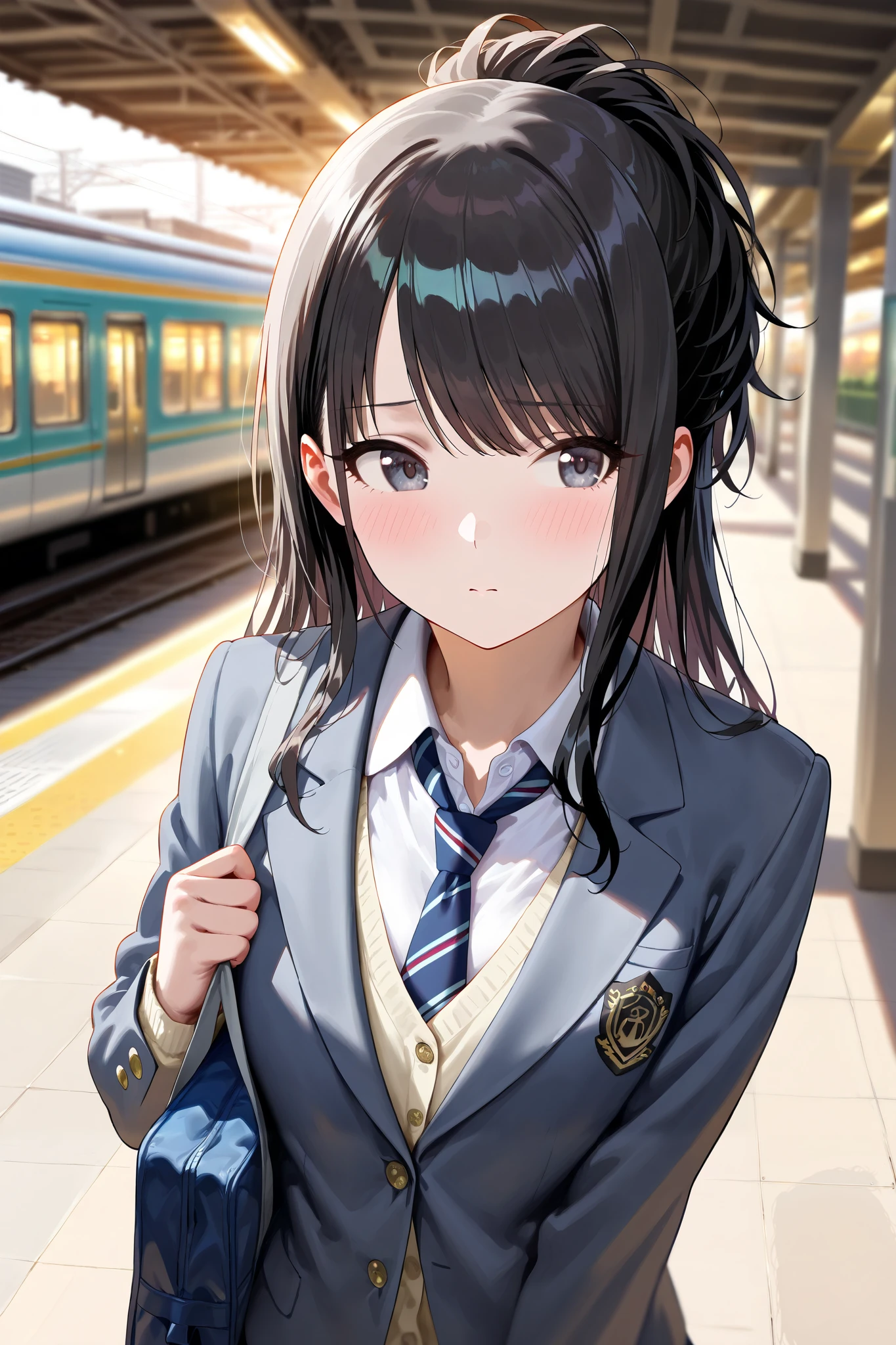 (masterpiece), (Highest quality), (Very detailed), (The best shape), (Best Shadow), (Absurd), (Detailed Background), (so beautiful), Shiny, Beautiful eyes in every detail, Extraordinary, Countershading, 8k, 32K, High resolution, Very Detailed CG ,
Score_9, Score_8_up, Score_7_up, Source_anime,
(Pastel painting:1.2), (Watercolor painting:1.2),
(Masterpiece, Detailed:1.2), (Foreshortening:1.2),
Cinematic, Dramatic, (depth of field:1.4),
(blurry background:1.4), (Realistic background:1.4), dynamic angle,
1girl, solo,
Japan, Big city train station, Platform, (evening:1.2), wind,
Kazano Hiori,
the idolmaster shiny colors,
hiori kazano, ponytail, black hair, black eyes,
(school uniform:1.3), school bag,
White collar, tie, black tie, Stripes tie, gray tie,
(cardigan:0.9), Inner cardigan, linen cardigan,
blazer, (gray blazer:1.2), long sleeves blazer, (Button-up her blazer:1.5), (buttoned all the way up:1.4),
(Blush:1.3),
Portrait,
look back,
Focus on face,
Realistic skin,
Shiny skin,