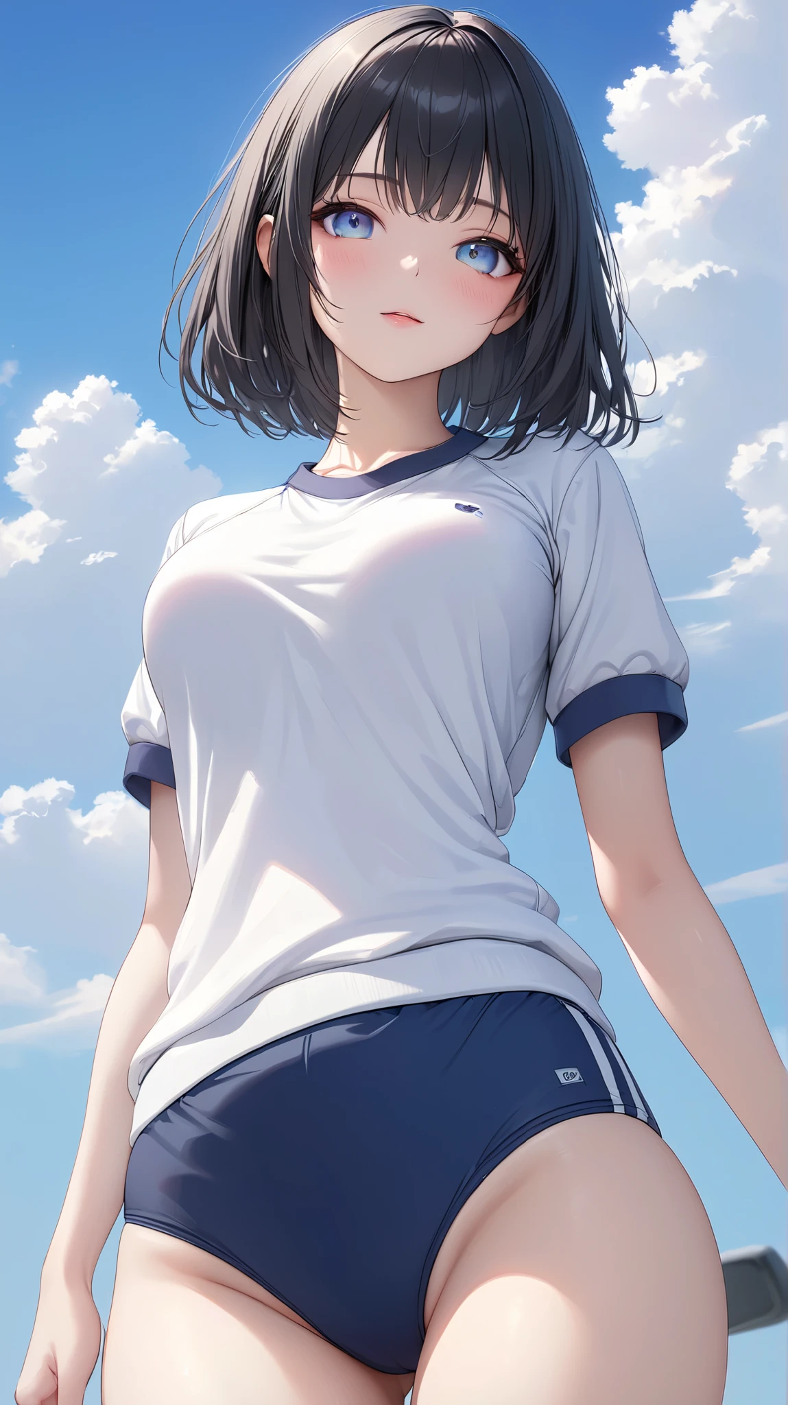 1girl, solo, white polo shirt, white sneakers, tennis wear, white miniskirt, masterpiece, best quality, realistic, hyper-detailed, (shiny skin, sweaty:1.4), absurd, looking at viewer, short black hair, brown eyes, slender, dynamic lighting, high resolution, sharp focus, depth of field, detailed eyes, sharp pupils, realistic pupils, (small breasts:1.6), (thick thighs:1.0), outdoor, sky
