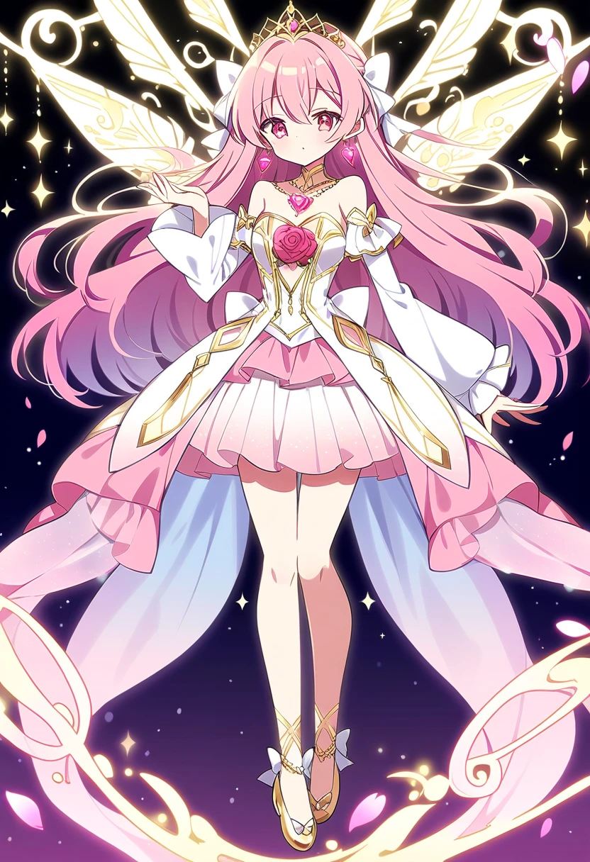 Create an anime-style girl with (((deep magenta eyes and long, wavy pink hair))) ((styled in an elegant frenchbraid)). (((She is slender, and with small breasts))). ((Ensure a full-body shot of her)) wearing a (((pink, gold, and rose gold color magical girl-themed outfit.))) ((The outfit features a spider and spider web theme.)) The overall look is regal and ethereal, with magical glowing effects. cutesexy, purinpuon pixiv, no future, a hyperrealistic , hyperrealistic , realistic , seductive (anime girl), smooth anime cg art, beautiful alluring anime teen, (purinpuon pixiv), ((magical girl)), (masterpiece), best quality, expressive eyes, perfect face ((Highest quality))、((8K))、(((8k wallpaper))) ((Full Body Shot: 1.5))、ultra detailed, masterpiece, best quality, solo ((purinpuon pixiv, no future)) (((purinpuon pixiv, no future)))