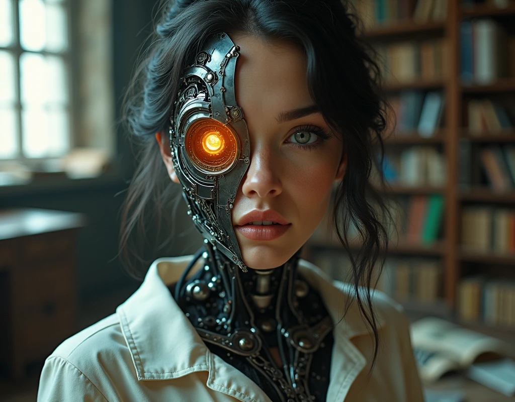 top quality, in libraryfuture world, State-of-the-art robot, Beautiful Woman, flying hair, Transformed into a cyborg except for the face, whole body photo, (((lawyer, law court, law related thick books on table, libra on table, suit, in office, library Alexandria)))