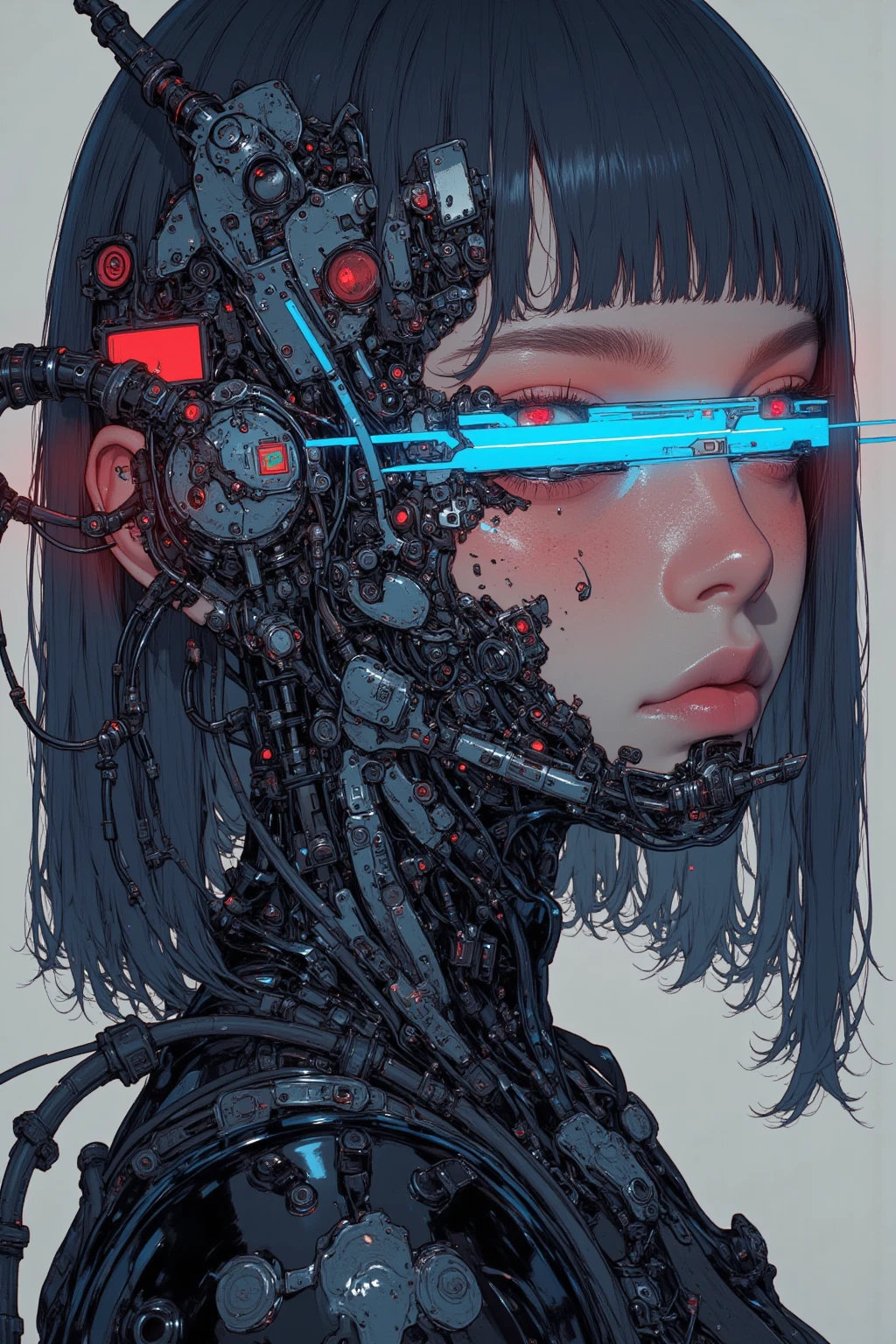 Crazy Woman ,A woman said 「 I'm Electric Signals 」 , sensor、fine wiring,glowing lines and eyes like LEDs,Gloss and reflection,design that combines humans and machines,composition with cyberspace in the background,with blue and red neon colors as accents,black and silver with mechanical feel,人間性と機械の融合による葛藤をsurreal collage、a contemporary artistic collage,collage artwork,New Album Jacket, Great Job !!,digital collage。(collage ),collage art、contemporary collage、mixed media collage?surreal + high image quality during sick leave ,surreal styleコンバーチブル,what she calls the inner world of the autism spectrum,Now,circuit? alphabet string ,cyberpunk