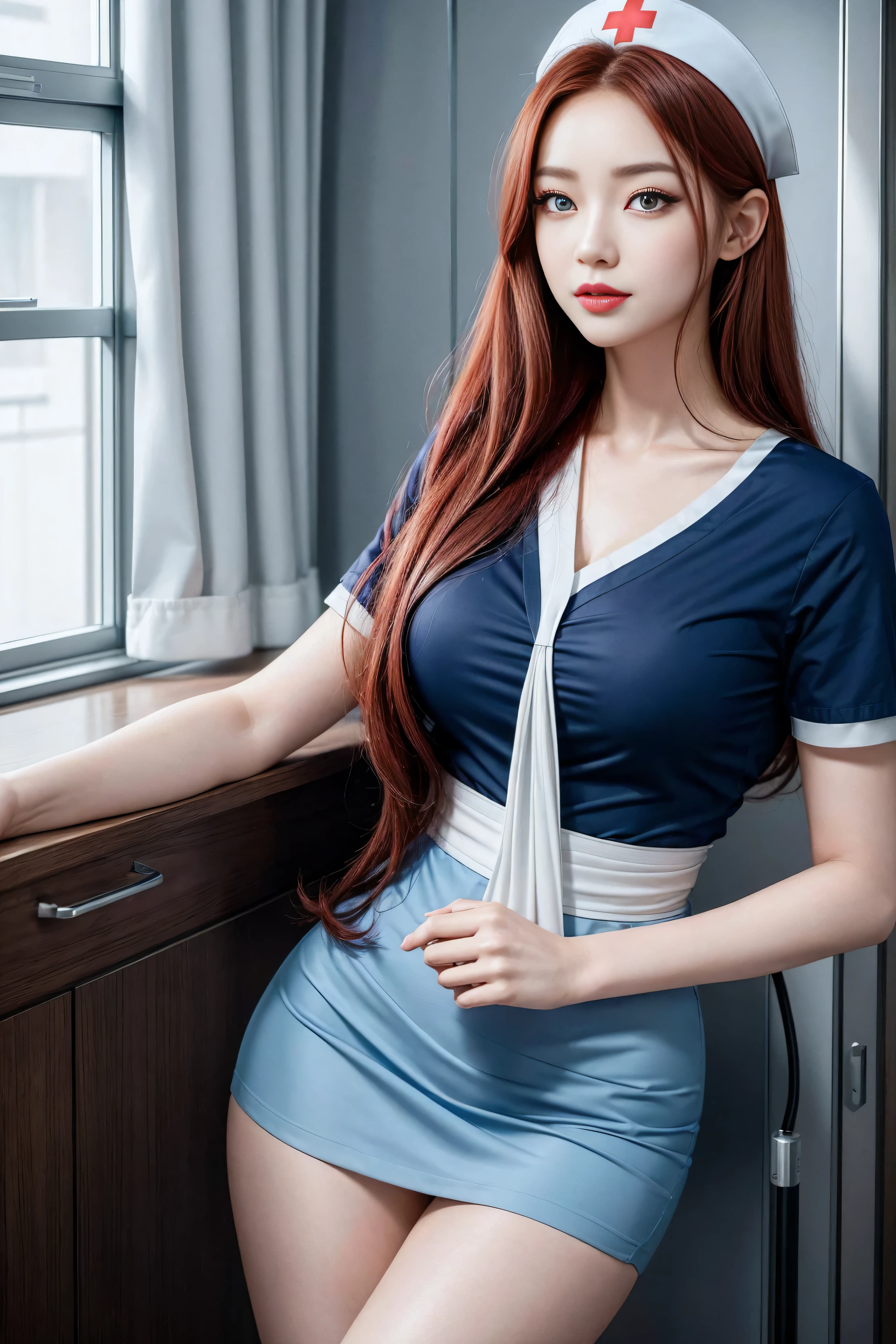 (2 终极美女Nurse)、((Realistic lighting, best quality, 8K, masterpiece:1.3)), Lock focus:1.2, Beautiful Women in Perfect Shape:1.4, : Beautiful korean girl, Korean pop idol,Leg length,(Pale skin), (big eyes),(Smile:0.8),(plump sexy lips), complex and detailed face, ((Super delicate skin)),Delicate face,Super thin face,Narrow your eyes,Double eyelids,((Crimson hair)),(Nurse:1.3),(Nurse帽:1.3),background: (hospital ward:1.2),,Large depth of field,Super thin face,Narrow your eyes,Double eyelids,(Start from below:1.manner,(Medium bust:1.2),Sexy long legs, (Thigh gap:1.5),Wide hips,S-Shaped Body, Hip lift,Leg length,Full body proportions from the front,