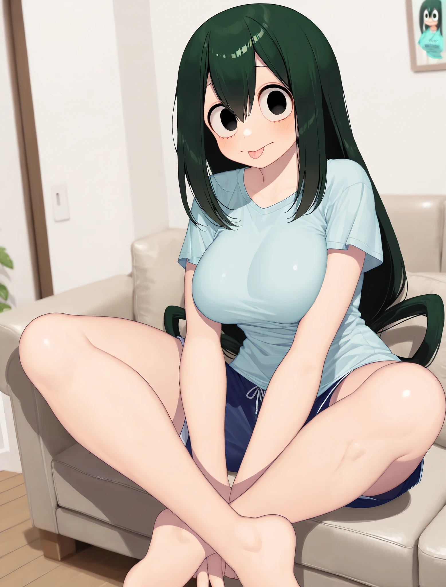 ((tsuyu asui)), ((masterpiece)), ((high resolution)), ((solo portrait)), {(attractive figure), (large breasts), (beautiful legs), (round face), (long dark green hair), (cute black eyes), (tongue out), (cute blank look)}, {(light blue t-shirt), (navy blue lounge shorts)}, {(sitting on couch), (crossed ankles), (tiptoes), (looking at viewer)}, ((living room))