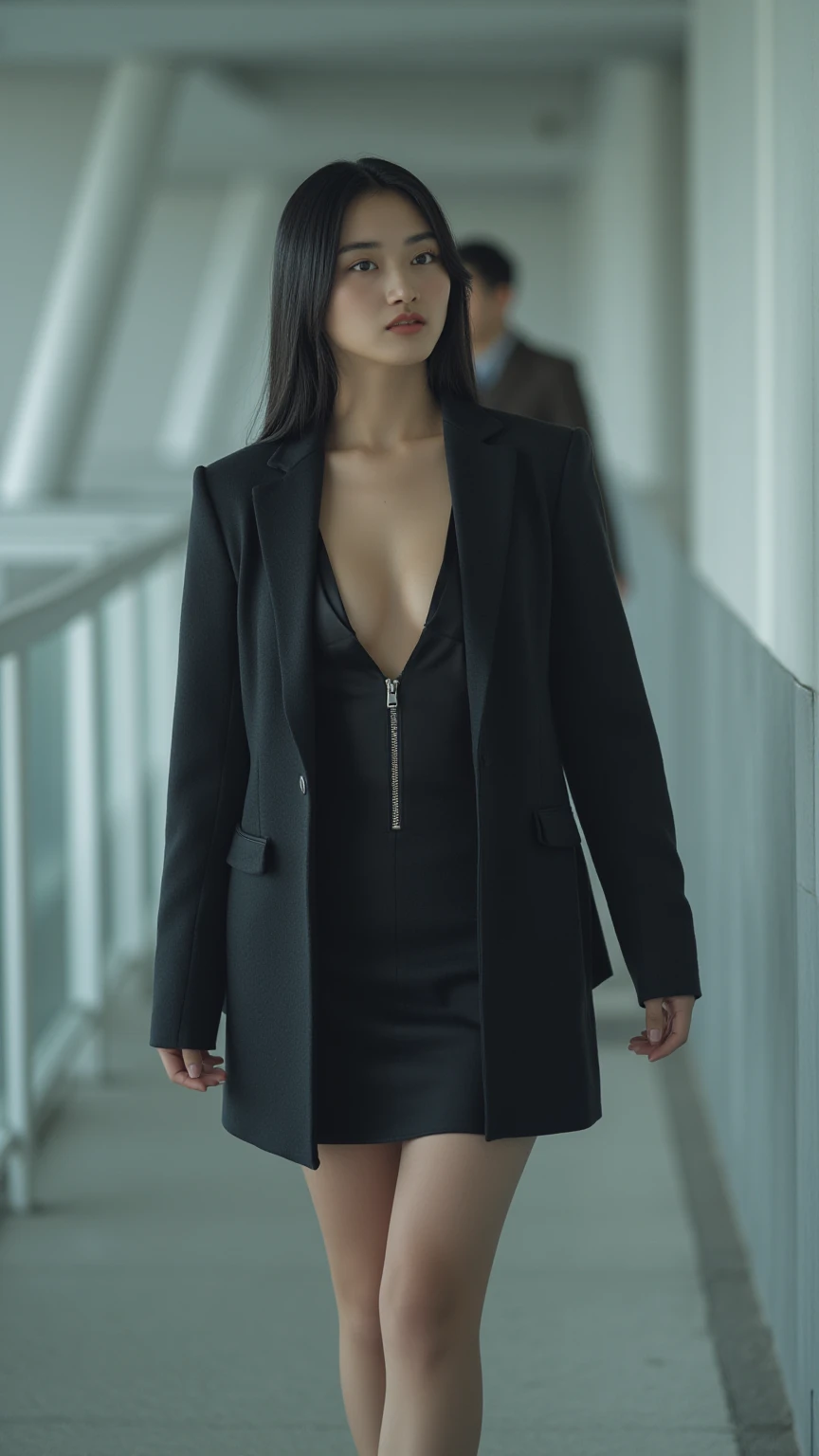 Create a 4d woman she has long straight black hair, She wears black formal wear and black heels, she has her arms crossed and she is smiling, the background and a written health post "edna"