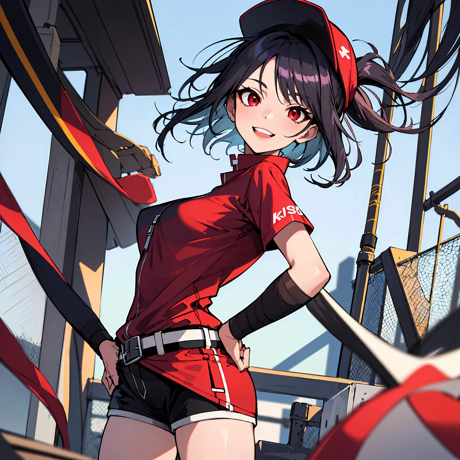 Create an anime girl with Squigly&#39;s hair and figure, but with a dark complexion. normal breasts, Put it in the heart of a bustling city, with tall buildings and bright lights. Your brown hair should stand out in this urban environment. Detail your facial expression and how you interact with the city&#39;s lively nightlife
