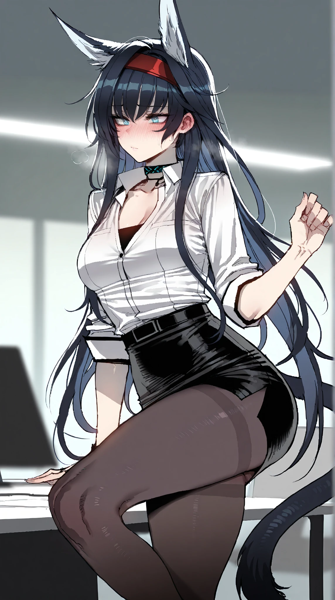 A 20-year-old cat girl with long black hair, gray eyes, cat ears and a cat tail, wears glasses, black  dresses Whole leg length ????, sleeveless, standing