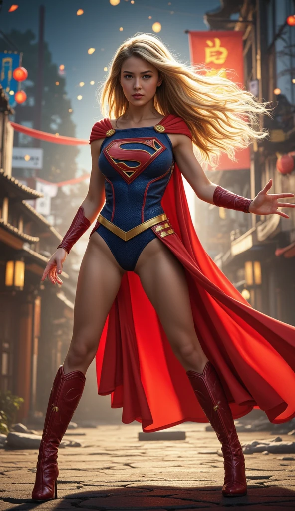Supergirl flying, semidesnuda, traje iconico sexy espectacular con capa roja, logo de Superman en la capa, very sexy small clothes, guantes rojos adornados, botas rojas adornadas, el viento levanta su capa, joven, cuerpo muy delgado, super skynny body, small and beautiful buttocks, abdomen tonificado, I can see her beautiful and perfect small breasts,piernas hermosas, manos perfectas, intelligent, light particles surround your body, poder resplandeciente, obscena, super powerful, sensual, ella observa la ciudad desde el cielo, metropolis city, se observa la luna grande en el fondo,mirada sensual, ojos hermosos,long hair, classic hairstyle,Hair dyed in bright blonde color, Best quality,8K,A high resolution,Masterpiece,Ultra detailed,Realistic, Photorealistic,photo realistic