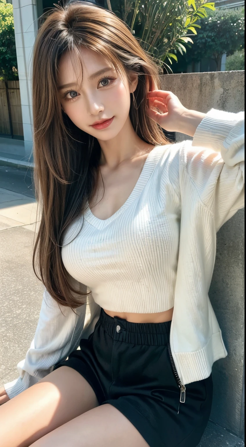 ultra detailed, best quality, masterpiece girl, long flowing hair, v-neck sweater, high rise shorts, massive breasts, (longneck:1.45)