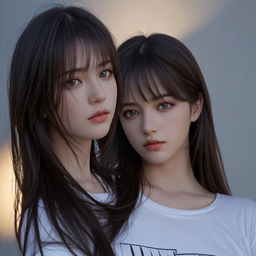 Two people facing each other and hugging happily、Two people hugging each other happily、Two people hugging each other tightly、Two people put their cheeks together、Two people touching cheeks with cheeks、Both of them are staring at the camera slightly above、Look firmly at the camera、Lesbian couple、Lily couple、((Bring your cheeks together、38 years、Both supermodels are 190cm tall、high-angle、Look up at the camera at the top、Straighten your back))、Two pretty and pretty girls、​masterpiece、top-quality、realisticlying、realisitic、Seductive bright smile、Both of them have short clean hair with bangs、bangss、bangss、Both have short hair、clean hair with bangs、Short sleeve white shirt with collar、White shirt with collar、(Plaid pleated skirt)、enticing eyes、Both have very large breasts、very Bigger breasts、Big ass、big breasts thin waist、(cleavage of the breast)、(Immaculate white background with nothing really)、ighly detailed、Very tall、neck long、the neck is long、Straighten your back、Put your ears out、Highlights in the eyes、lipgloss、glowy skin、White-colored skin、Clean collarbone、closes mouth、Close your mouth and smile、Happily、Nice proportions、lovely、Charming and endearing、Colorful random collar shirt、Colorful random color skirt、Do not add shadows、No shadows、No shadows on the face、natural soft light、natural soft light、Gentle light