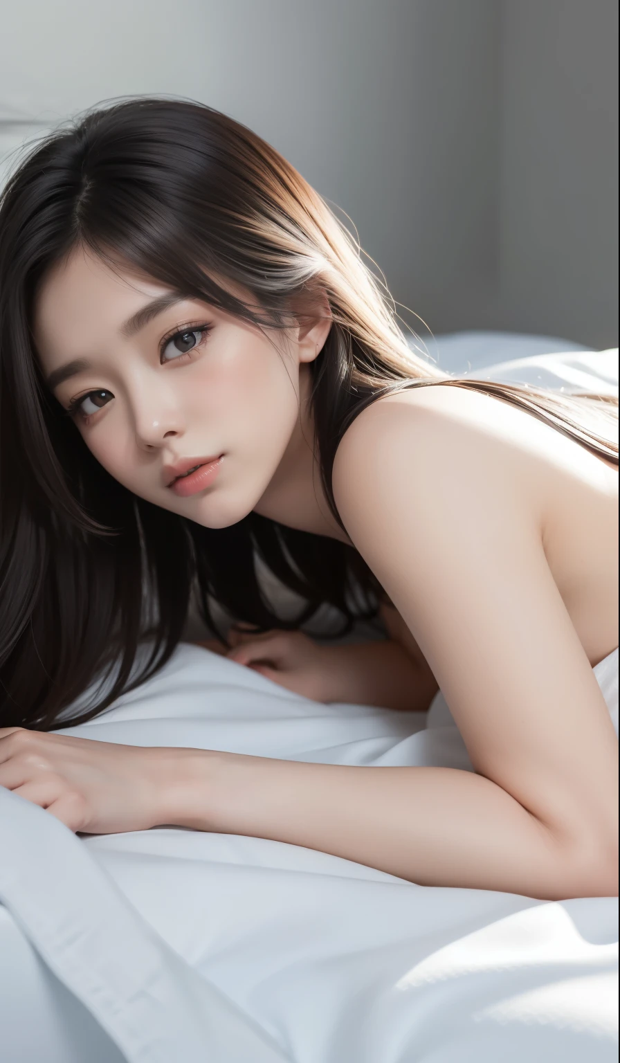 ((Masterpiece, top quality, high resolution, highly detailed CG unified 8K wallpaper, explicit)), Beautiful Japanese girl, Stunning japanese girl, lying down in bed, (lying on white sheets, nude:1.5), , moon light, night situation, bedroom, High-key light, detailed eyes, sleepy eyes, view from behind, buttocks emphasize, bum showing,  Lying down (spread your legs), prone, shallow depth of fields 