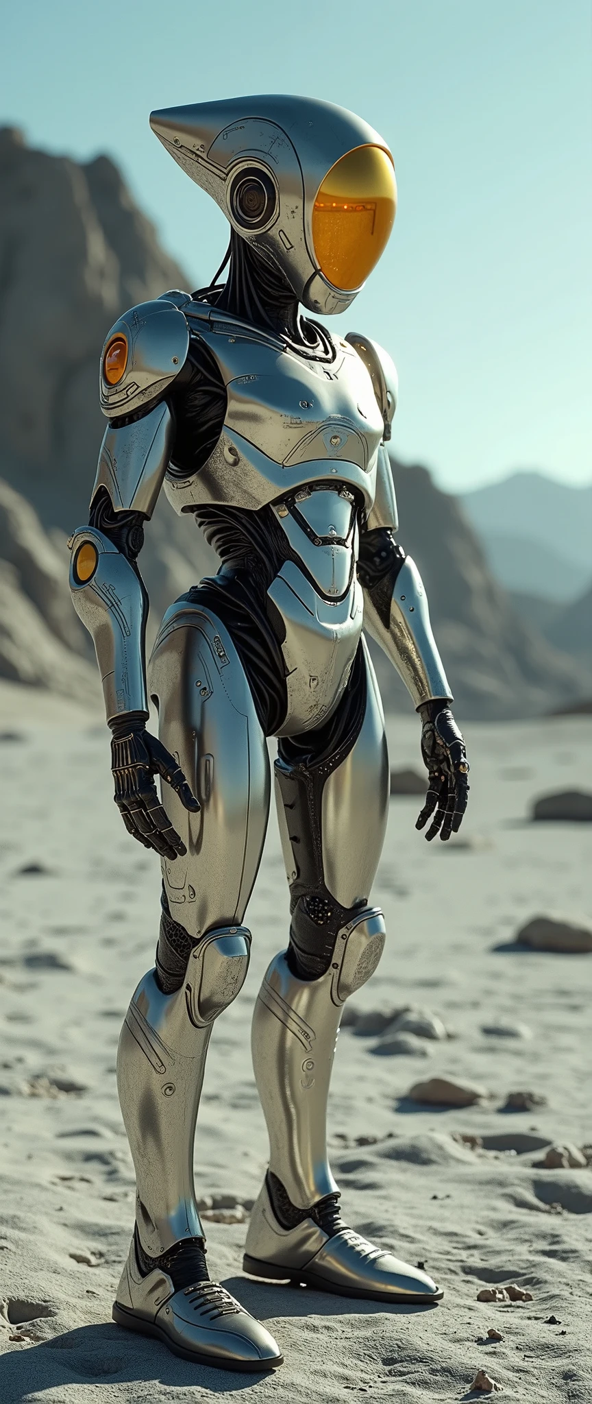 (masterpiece、high resolution、Immersive photos、photoshoot)、eyes of machines that arrived on the surface of the moon、aliens、全身high resolution画像、sand、robot human details、My golden eyes、 サイバーパンクな見た目 月面に到着したaliensの型のロボット、 Looks bright