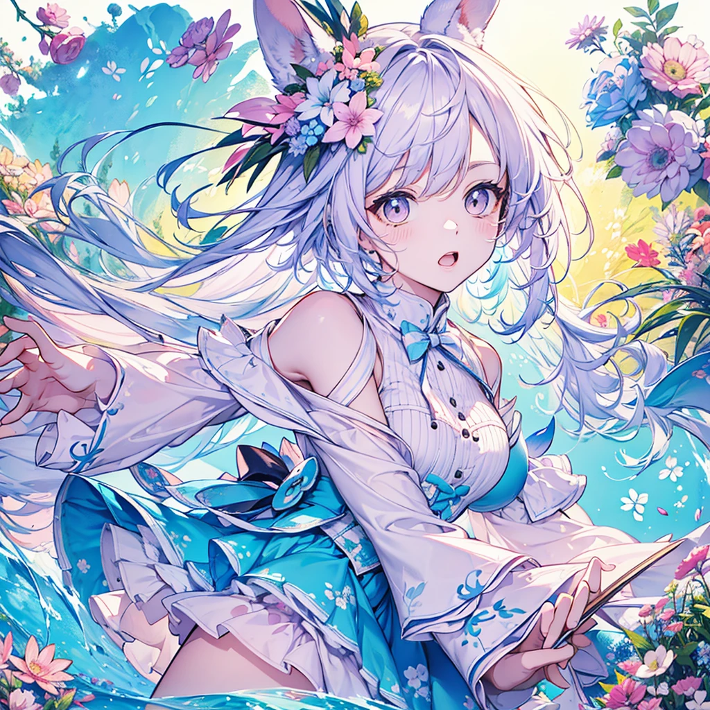 (Exquisite, beautiful, Very detailed, masterpiece, high quality,High resolution),(Well-formed face,Soft thin lines: 1.2, Beautiful and delicate illustrations with a mature and transparent feel),beautiful花々,petal,(Girl like a rabbit,Fluffy floppy bunny ears and a big bunny tail,Wear fluffy gloves and socks,very little girl),Happy and relaxed on a fluffy cloud,Fluffy and soft lace clothing, frills and ribbons,beautiful毛並み,barefoot,(Short eyebrows,Pale pink blush, Plump pink lips,Small Nose,Double teeth,When I laugh, Canine teeth visible,Eye of the Beast,Quite large and fluffy bust,Open chest,Fair skin, Good style),Bright colors,Eye-catching colors,Dynamic Angle,defenseless,The hair is fluffy and soft