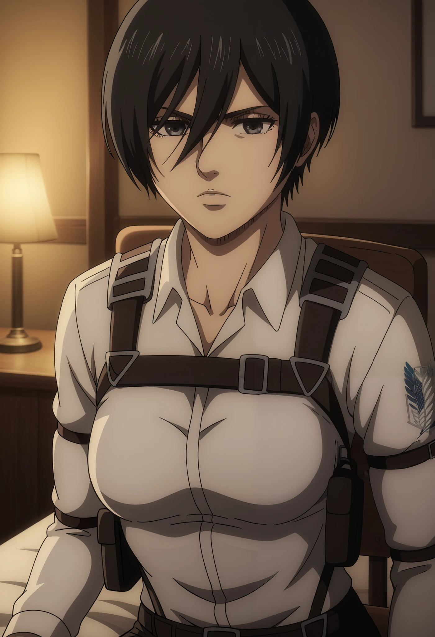 score_9, score_8_up, score_7_up, BREAK source_anime, mikasa ackrman, grey eyes, black hair, short hair, medium breasts,Mikasa wreanig black tight sport  Elastic  fiber  bra and black loose military trousers,mikasa with good looking body,perfect lighting,mikasa final season design,mikasa mappa version, mikasa sitting on  chair, Perfect generation,mikasa short hairstyle,mikasa season 4 version,attack on titan graphics,in night,HD wallpaper,perfect colors,pixie cut hairstyle,fighting face, ,normal body size, white shirt, anime style,attack on titan season 4 style,upper body,close review to character, mikasa handsome face,in bedroom,light trun off in room,mikasa alone in room,solo,1girl