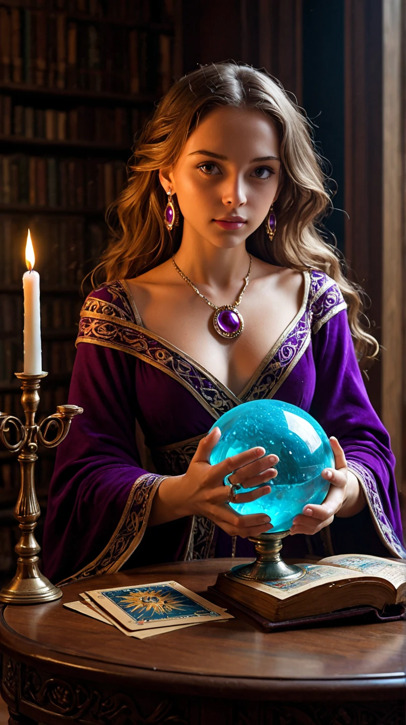 Female fortune teller. Body and face orientation: front. Charm, Beautiful and mysterious. She is wearing a blue cape、Have a clear face. Shining brightly, Filled with anxiety and anticipation. A fortune teller is standing. He is holding a slightly large crystal ball in each hand.. The lighting in the room is bright, Create a fantastic atmosphere. Best image quality, 4K or 8K resolution. Extremely fine detail、It&#39;s as real as a photo. Artistic style is、It should reflect the formula&#39;s aesthetic with bright colors and strong contrast。. The color palette should emphasize the mysterious and mystical theme of the piece.. The fortune teller&#39;s cloak is decorated with metal ornaments and intricate designs., Thickness ratio 1.5. The overall atmosphere is great、It&#39;s magical; The cloak is a symbol of the mysterious and mystical.. The fortune teller&#39;s facial expression should arouse mystical interest..