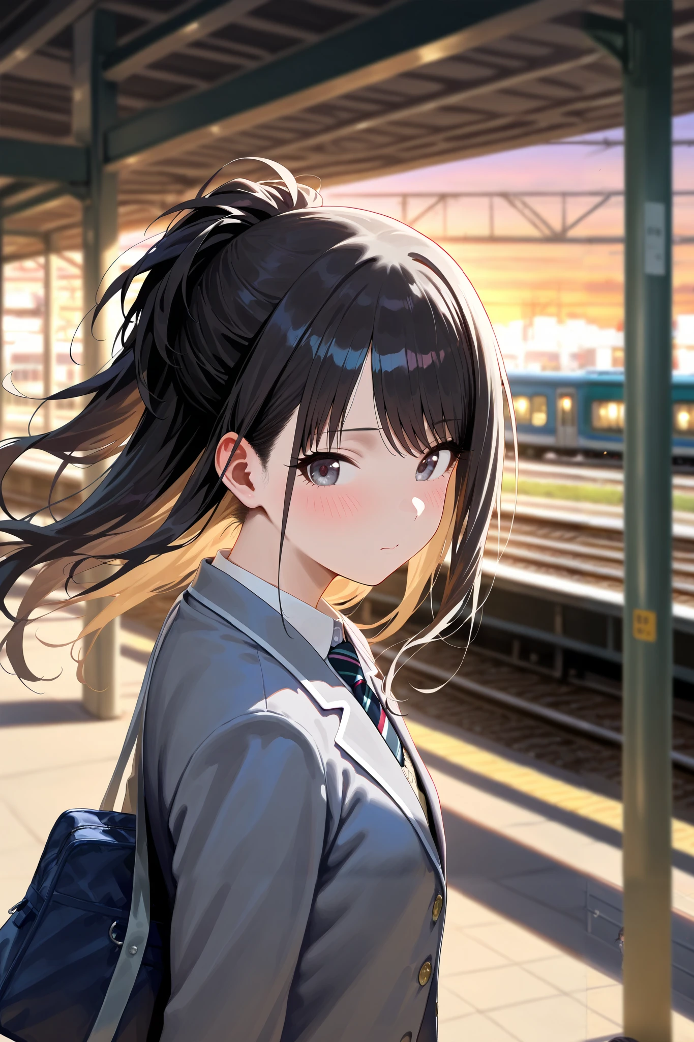 (masterpiece), (Highest quality), (Very detailed), (The best shape), (Best Shadow), (Absurd), (Detailed Background), (so beautiful), Shiny, Beautiful eyes in every detail, Extraordinary, Countershading, 8k, 32K, High resolution, Very Detailed CG ,
Score_9, Score_8_up, Score_7_up, Source_anime,
(Pastel painting:1.2), (Watercolor painting:1.2),
(Masterpiece, Detailed:1.2), (Foreshortening:1.2),
Cinematic, Dramatic, (depth of field:1.4),
(blurry background:1.4), (Realistic background:1.4), dynamic angle, from back,
1girl, solo,
Japan, Big city train station, Platform, (evening:1.2), wind,
Kazano Hiori,
the idolmaster shiny colors,
hiori kazano, ponytail, black hair, black eyes,
(school uniform:1.3), school bag,
White collar, tie, black tie, Stripes tie, gray tie,
(cardigan:0.9), Inner cardigan, linen cardigan,
blazer, (gray blazer:1.2), long sleeves blazer, (Button-up her blazer:1.5), (buttoned all the way up:1.4),
(Blush:1.3),
Portrait,
look back,
Focus on face,
Realistic skin,
Shiny skin,