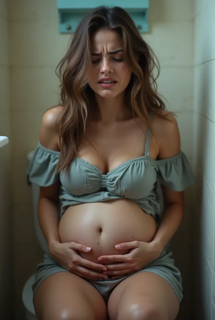 Create a colored cartoon-style image of a pregnant woman. She is in a private setting, like a bedroom or bathroom, looking thoughtful and concerned. In one hand, she holds one red pill, and in the other hand, she holds three blue pills. Nearby, on a surface like a table or countertop, there is a glass of water placed next to four pills (one red and three blue). The scene should be handled with sensitivity, focusing on the woman and the pills to convey the seriousness of the situation.