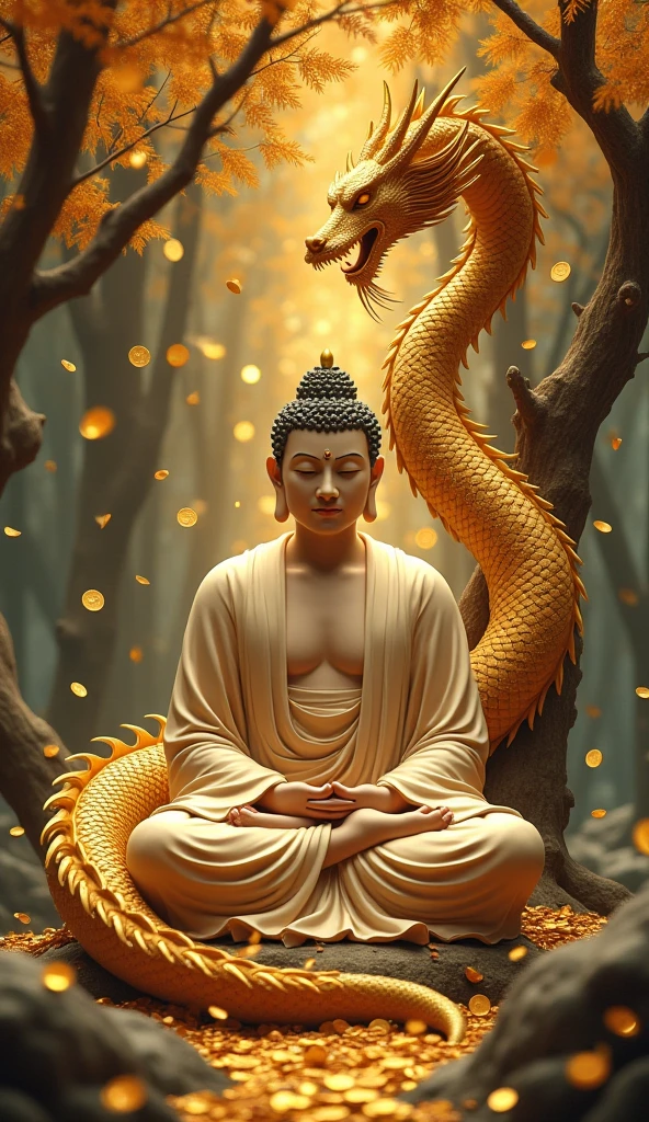 “Create a high-resolution image featuring a serene and majestic Buddha statue with a divine aura. The Buddha should be placed against a background of a traditional temple, with a peaceful and sacred atmosphere. Add a rainbow-colored ascending dragon intertwined with the Buddha, creating a sense of movement and power. Include gentle floral elements and soft glowing light around the Buddha and the dragon to enhance the divine feeling. Overlay an inspirational quote in Japanese,