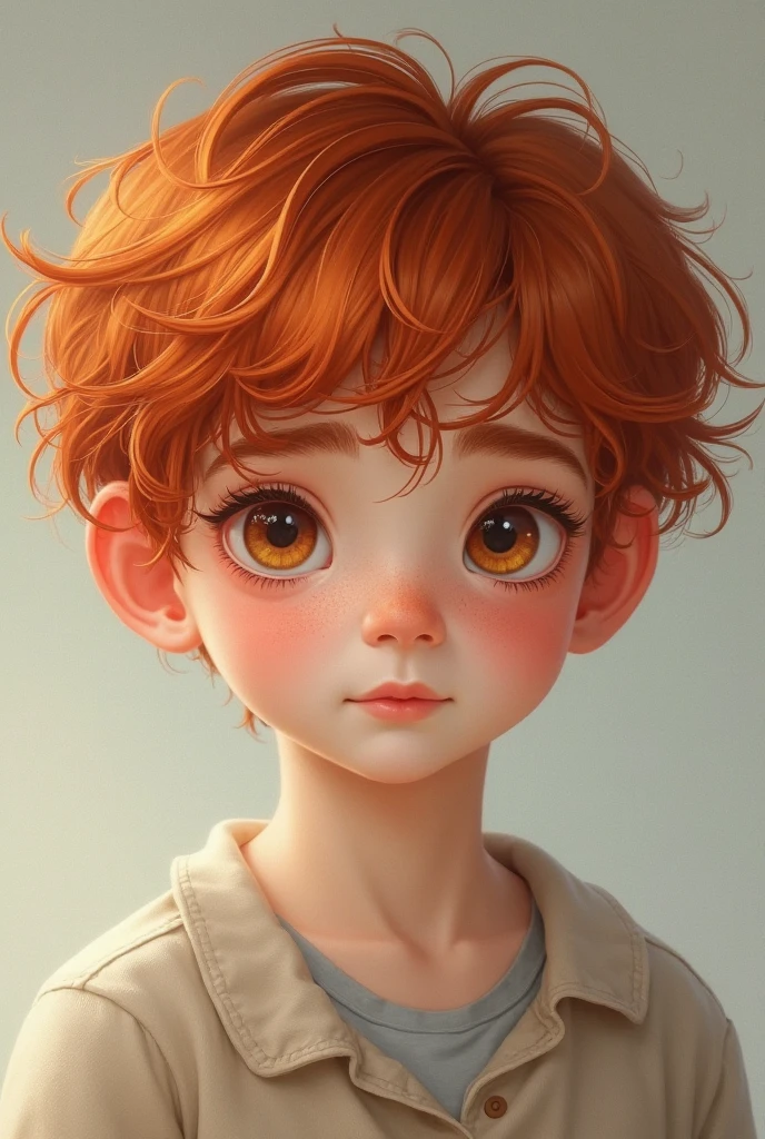 Pale boy of about , Red hair, mushroom cut and light eyes. Smile