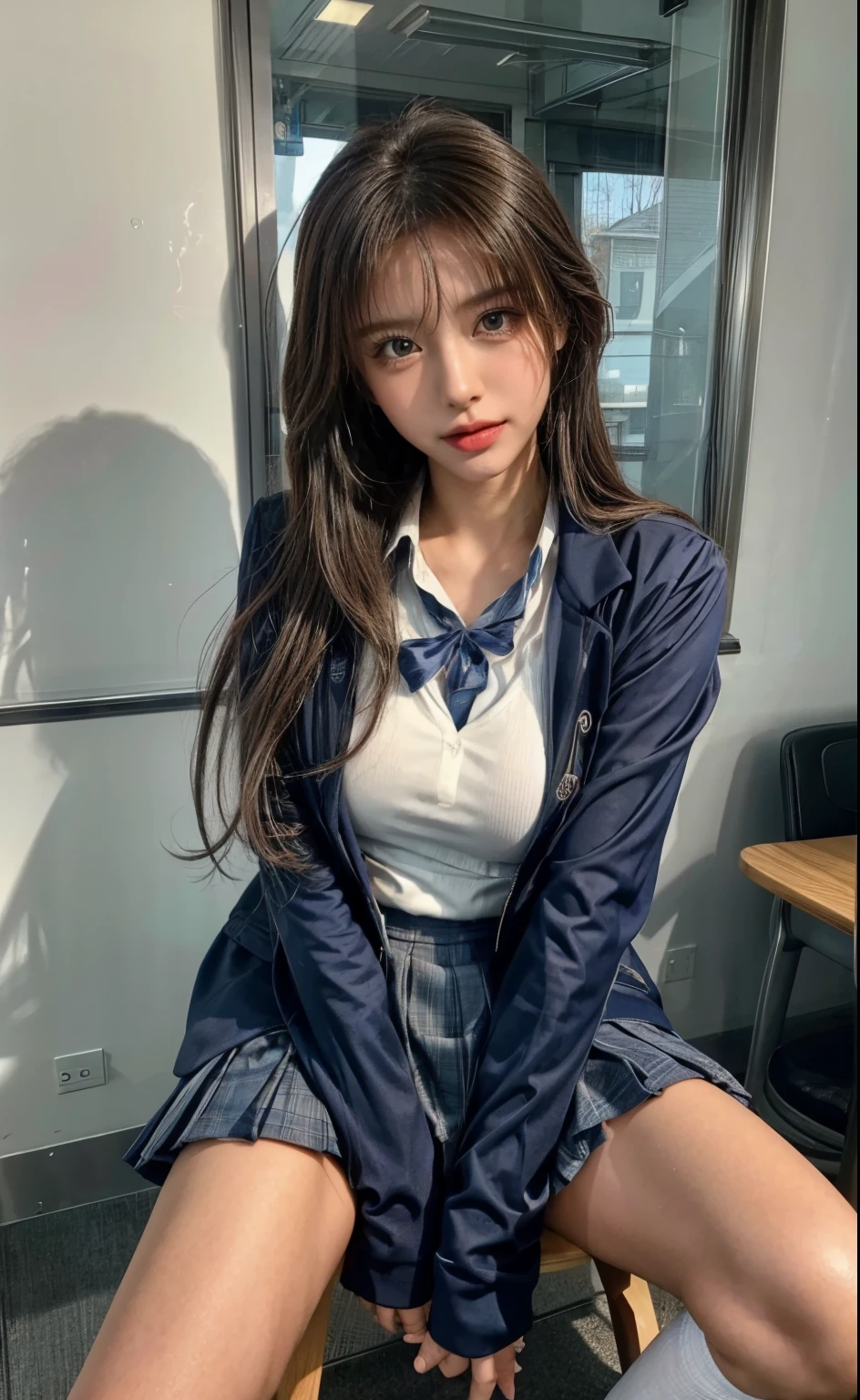 masterpiece, female high school student、( school uniform:1.5)、(I Can See My Panties:1.5)、 My big breasts are sticking out 、I can see the dirty part、navy high socks、 Panchira,Put on your shoes、sit on a chair and open your legs、(Bright School Classroom:1.5) viewer, reality, full body lesbian, radical, expensive, ( fingers :1.5)RAW Highly detailed, ahegao, eyes rolling , , Water is flowing through her mouth , sticky tongue , Big Breasts, SEXUAL EXCITEMENT, sexual expression, blazer