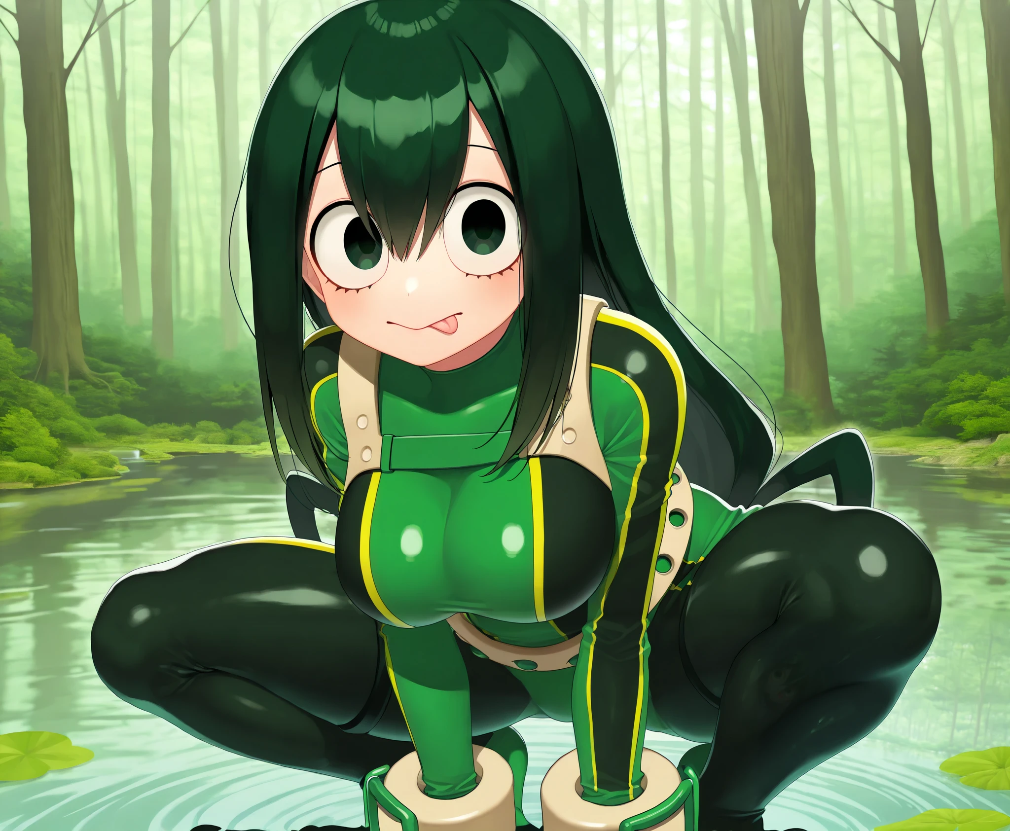 ((tsuyu asui)), ((masterpiece)), ((high resolution)), ((solo portrait)), {(attractive figure), (large breasts), (beautiful legs), (round face), (long dark green hair), (cute dark green eyes), (tongue out), (cute blank look)}, {(hero outfit), (bodysuit)}, {(crouching), (leaning forward), (hands on ground), (looking at viewer)}, ((forest)), ((pond))