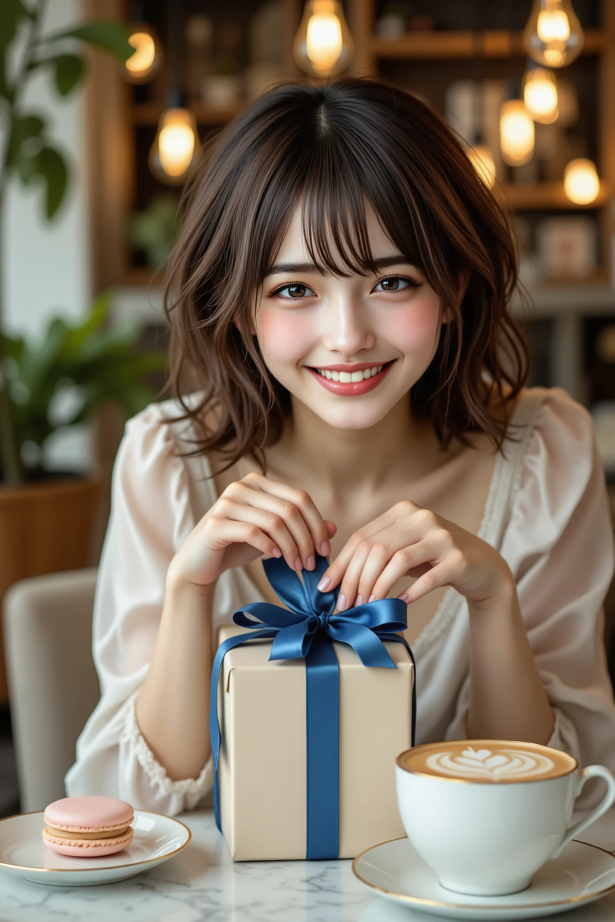 A breathtakingly realistic photograph of a stylish young woman with soft wavy brown hair and delicate makeup, sitting at an elegant café table, receiving a beautifully wrapped White Day gift. The gift is a beige-colored box adorned with a silky blue ribbon, reminiscent of a luxury boutique package. Her slender hands gently touch the ribbon as she looks at the gift with a warm, delighted smile. 

The café exudes a sophisticated yet cozy atmosphere, featuring warm ambient lighting from hanging Edison bulbs, wooden and marble textures, and lush green plants adding a fresh touch. A cup of artisanal cappuccino with delicate latte art sits beside the gift, along with a gold-rimmed dessert plate holding a pastel-colored macaron. The background is softly blurred, creating a bokeh effect with soft light reflections and the subtle chatter of other patrons enhancing the atmosphere.

The lighting plays dynamically on her face and the reflective surfaces, captured in **ultra-high-resolution 8K, HDR, cinematic lighting**. The scene is enhanced with **photorealistic depth of field, volumetric lighting, soft shadows, and micro-texture details on her skin, the fabric of her outfit, and the ribbon’s smooth texture**. The final composition achieves a masterful blend of warmth, elegance, and realism, making it feel like a moment frozen in time.
