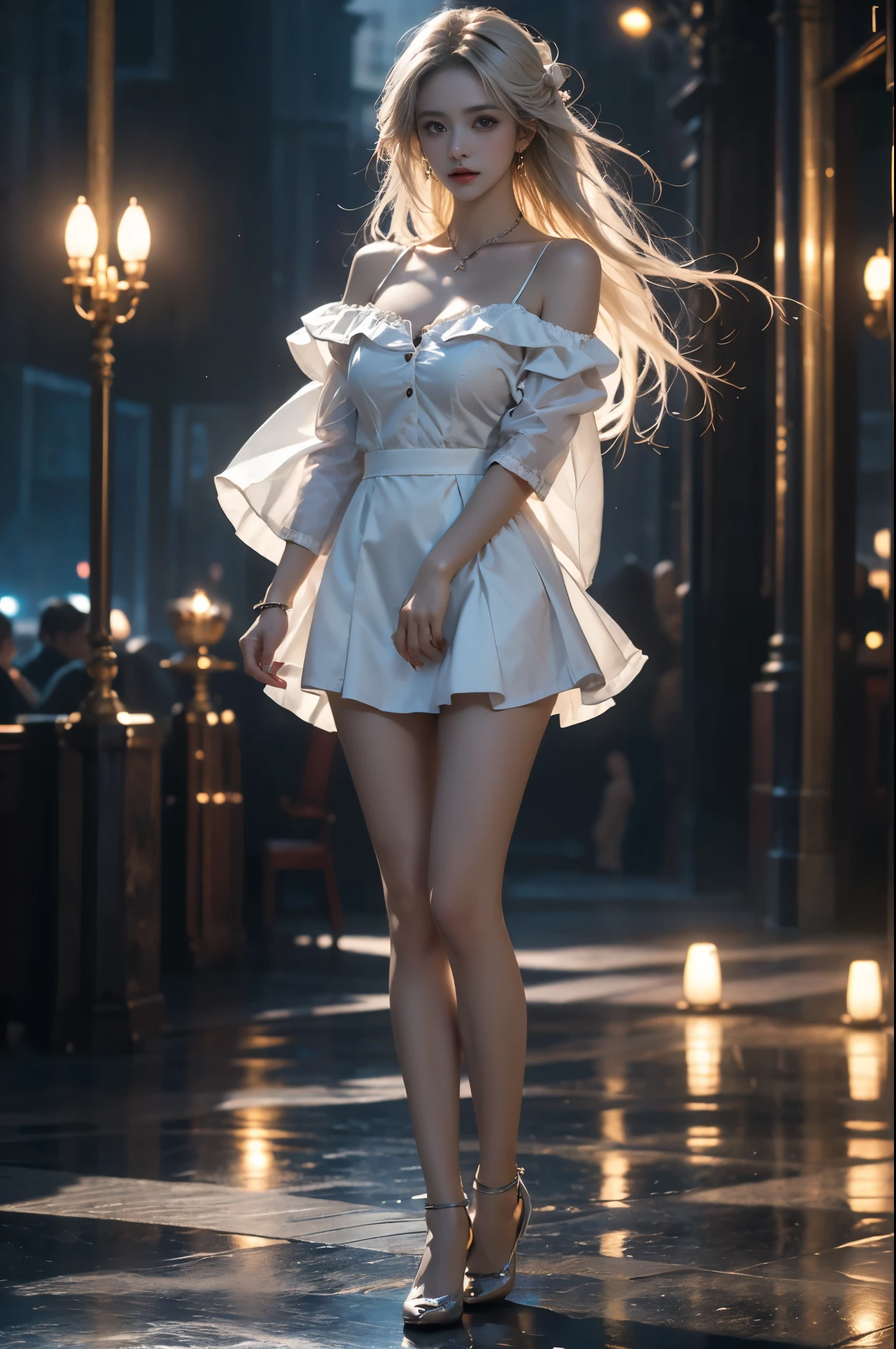   ,(full body:1.3),(photorealistic:1.4), (anatomically correct:1.3), (full body portrait:1.3), (ultra detailed:1.2), (perfect anatomy:1.2), (detailed legs:1.2), (sharp focus:1.1), (clear skin:1.1),A beautiful young woman, relaxed pose, (Full bust, visible cleavage, very short hemline), ((three-quarter view:1.3), (three quarter angle:1.2), dynamic perspective, (45 degree angle:1.2), turned towards camera), slender figure, (symmetrical legs:1.1),(urban street background:0.8), night scene, warm color palette, neon lights, aesthetic lighting, romantic atmosphere, soft lighting, bokeh, cinematic depth of field, (dynamic composition:0.9), subtle film grain, 8k resolution, masterpiece, best quality